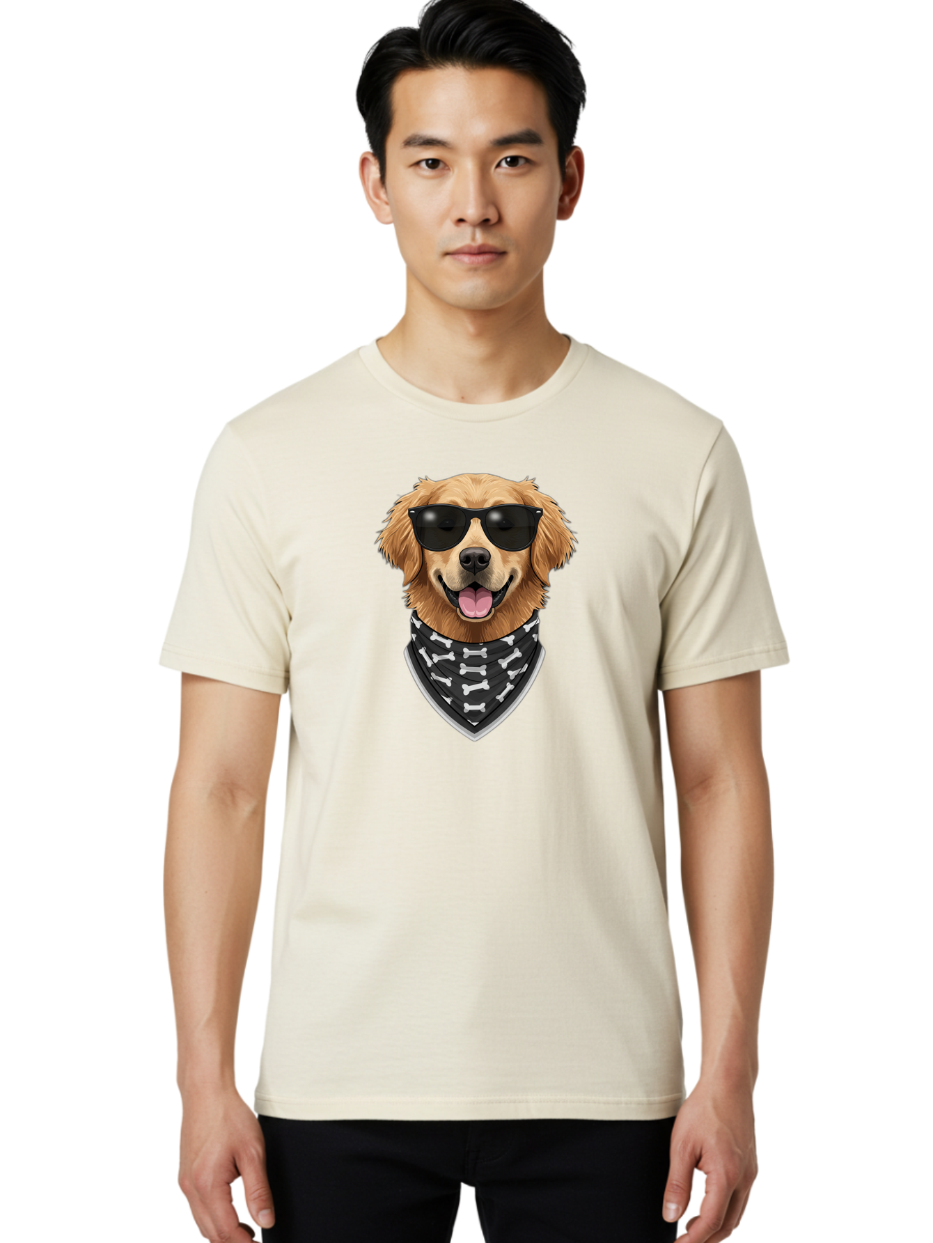 Cool-Dog-2 Men'S Graphic Tee, 100% Cotton, Comfortable Casual Summer Wear, Machine Washable, Golden Retriever Dog, Sunglasses, Bandana, Bone Pattern, Dog Fashion, Cool Dog, Cartoon Style, Humor, Fun Design Bab813