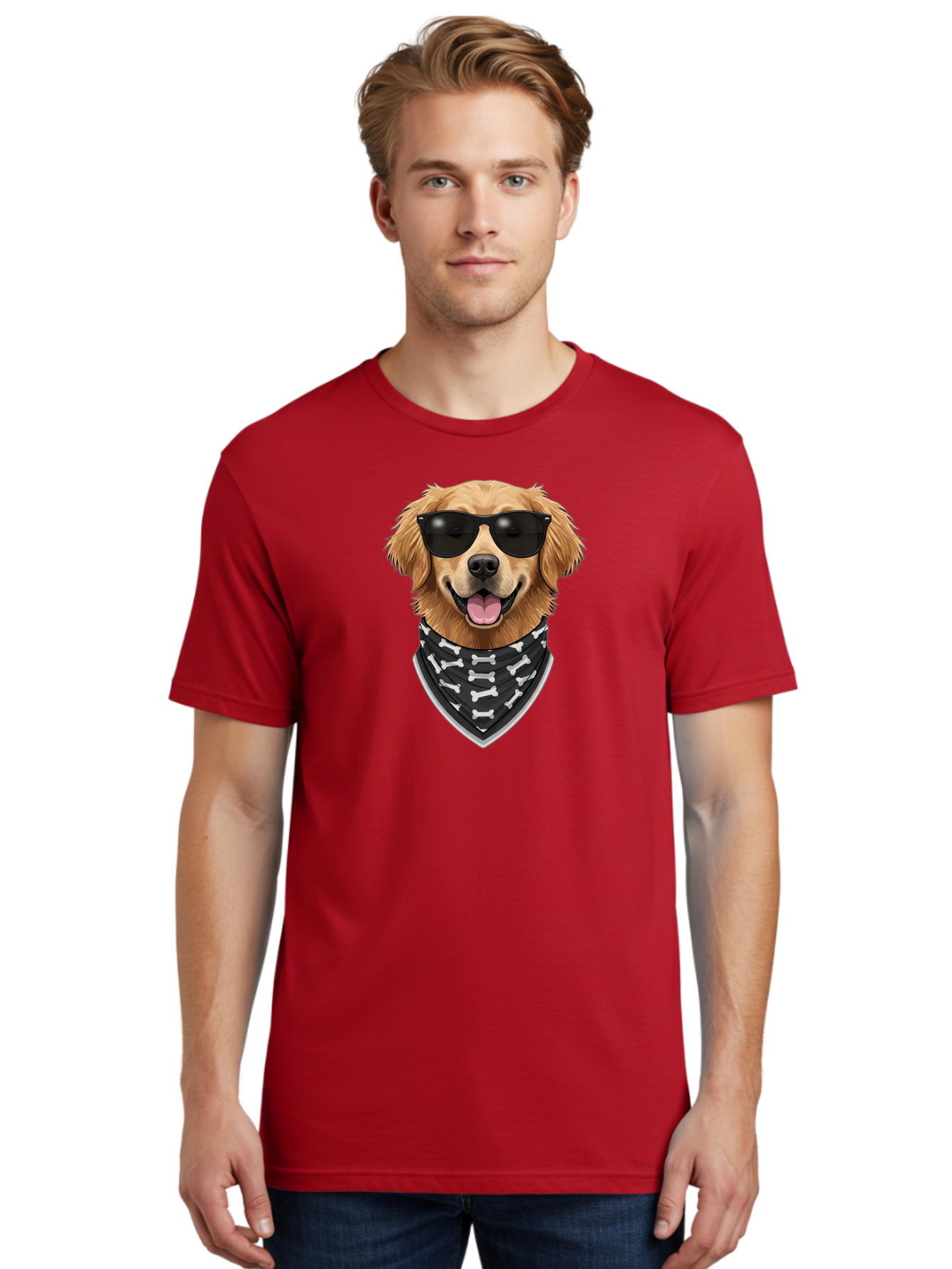 Cool-Dog-2 Men'S Graphic Tee, 100% Cotton, Comfortable Casual Summer Wear, Machine Washable, Golden Retriever Dog, Sunglasses, Bandana, Bone Pattern, Dog Fashion, Cool Dog, Cartoon Style, Humor, Fun Design Bab813