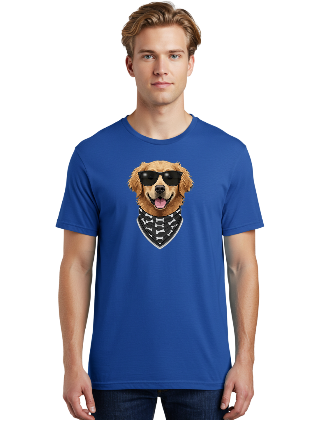 Cool-Dog-2 Men'S Graphic Tee, 100% Cotton, Comfortable Casual Summer Wear, Machine Washable, Golden Retriever Dog, Sunglasses, Bandana, Bone Pattern, Dog Fashion, Cool Dog, Cartoon Style, Humor, Fun Design Bab813
