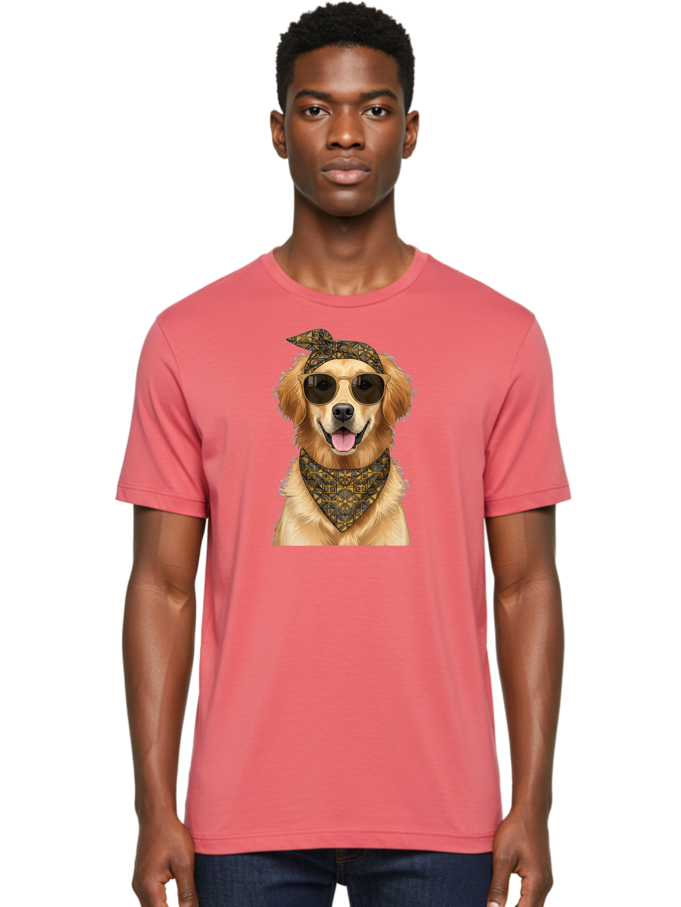 Cool-Dog-3 Men'S Graphic Tee, 100% Cotton, Comfortable Casual Summer Wear, Machine Washable, Happy Dog, Golden Retriever, Sunglasses, Bandana, Cool Dog, Furry Friend, Funky Pet, Trendy Animal, Dog Accessories, Pet Fashion Bab814