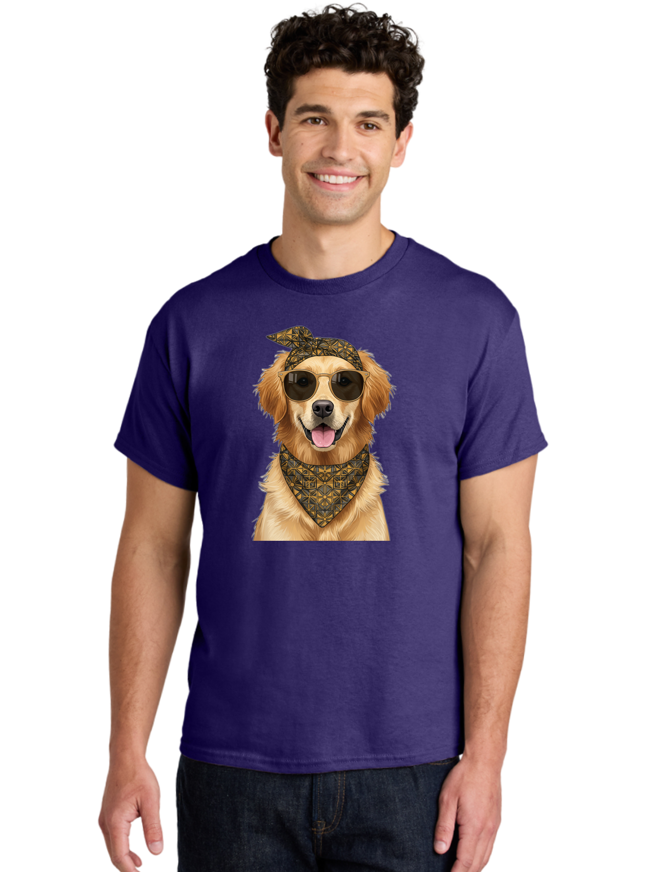 Cool-Dog-3 Men'S Graphic Tee, 100% Cotton, Comfortable Casual Summer Wear, Machine Washable, Happy Dog, Golden Retriever, Sunglasses, Bandana, Cool Dog, Furry Friend, Funky Pet, Trendy Animal, Dog Accessories, Pet Fashion Bab814