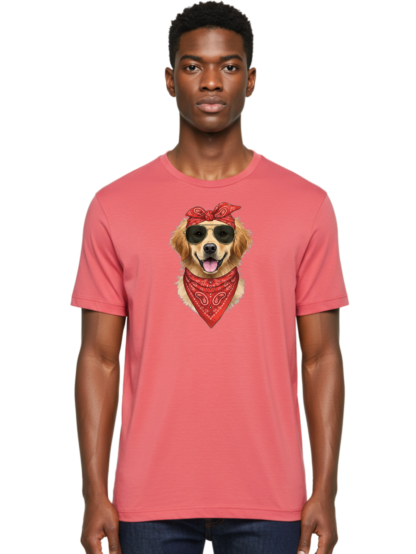 Cool-Dog Men'S Graphic Tee, 100% Cotton, Comfortable Casual Summer Wear, Machine Washable, Golden Retriever Dog, Red Bandana, Sunglasses, Cool Dog, Funny Dog, Dog Portrait, Canine Fashion, Stylish Pet Bab815