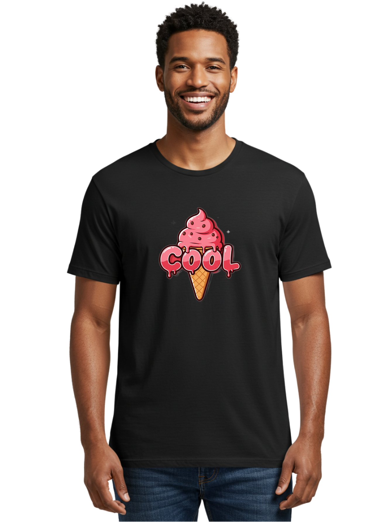 Cool-Ice-Cream Men'S Graphic Tee, 100% Cotton, Comfortable Casual Summer Wear, Machine Washable, Cool Ice Cream, Sweet Treat, Ice Cream Cone, Melting Ice Cream, Dripping Ice Cream, Summer Dessert, Chocolate Chip Ice Cream, Cartoon Illustration Bab816