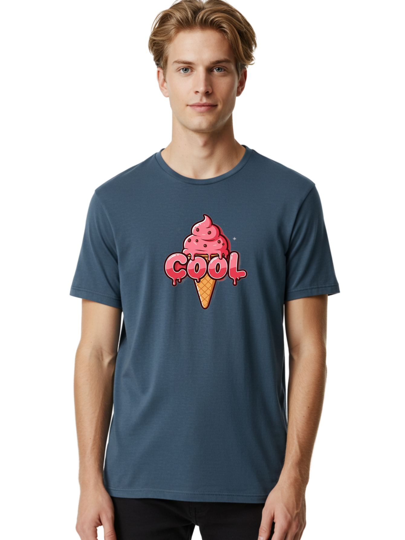 Cool-Ice-Cream Men'S Graphic Tee, 100% Cotton, Comfortable Casual Summer Wear, Machine Washable, Cool Ice Cream, Sweet Treat, Ice Cream Cone, Melting Ice Cream, Dripping Ice Cream, Summer Dessert, Chocolate Chip Ice Cream, Cartoon Illustration Bab816