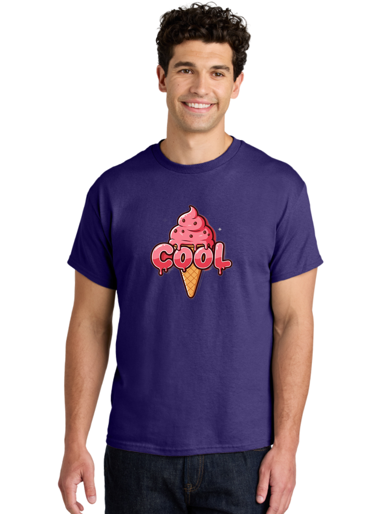 Cool-Ice-Cream Men'S Graphic Tee, 100% Cotton, Comfortable Casual Summer Wear, Machine Washable, Cool Ice Cream, Sweet Treat, Ice Cream Cone, Melting Ice Cream, Dripping Ice Cream, Summer Dessert, Chocolate Chip Ice Cream, Cartoon Illustration Bab816