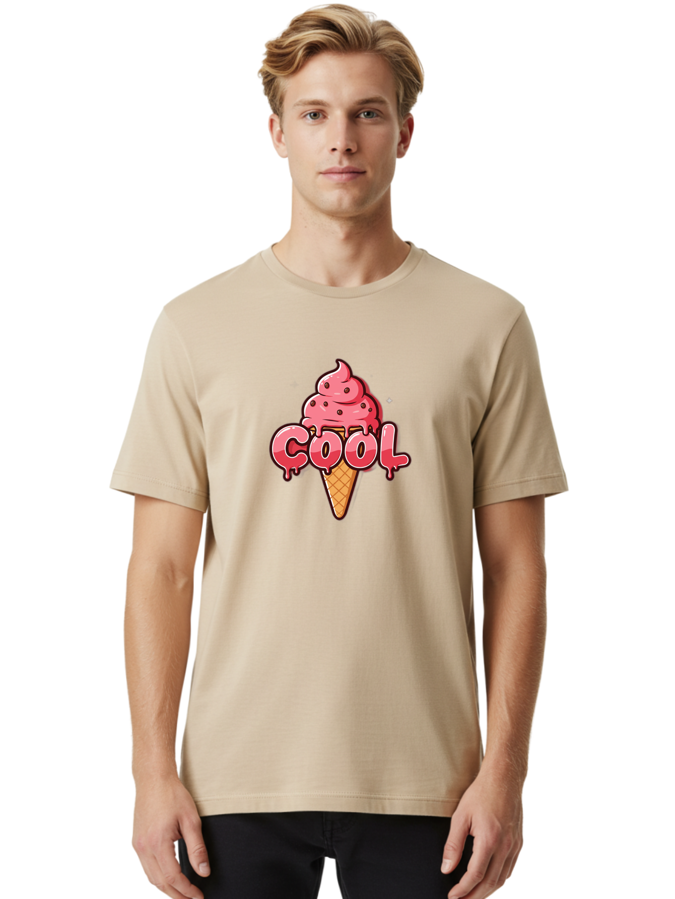 Cool-Ice-Cream Men'S Graphic Tee, 100% Cotton, Comfortable Casual Summer Wear, Machine Washable, Cool Ice Cream, Sweet Treat, Ice Cream Cone, Melting Ice Cream, Dripping Ice Cream, Summer Dessert, Chocolate Chip Ice Cream, Cartoon Illustration Bab816