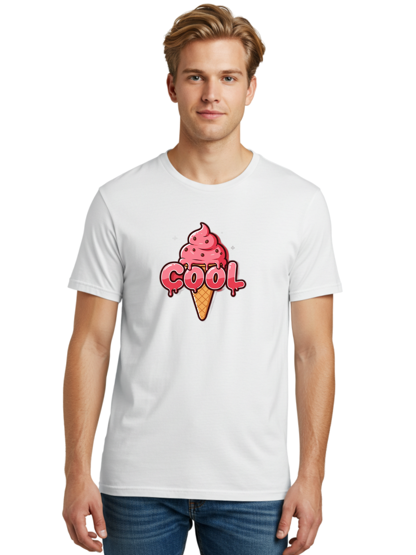 Cool-Ice-Cream Men'S Graphic Tee, 100% Cotton, Comfortable Casual Summer Wear, Machine Washable, Cool Ice Cream, Sweet Treat, Ice Cream Cone, Melting Ice Cream, Dripping Ice Cream, Summer Dessert, Chocolate Chip Ice Cream, Cartoon Illustration Bab816