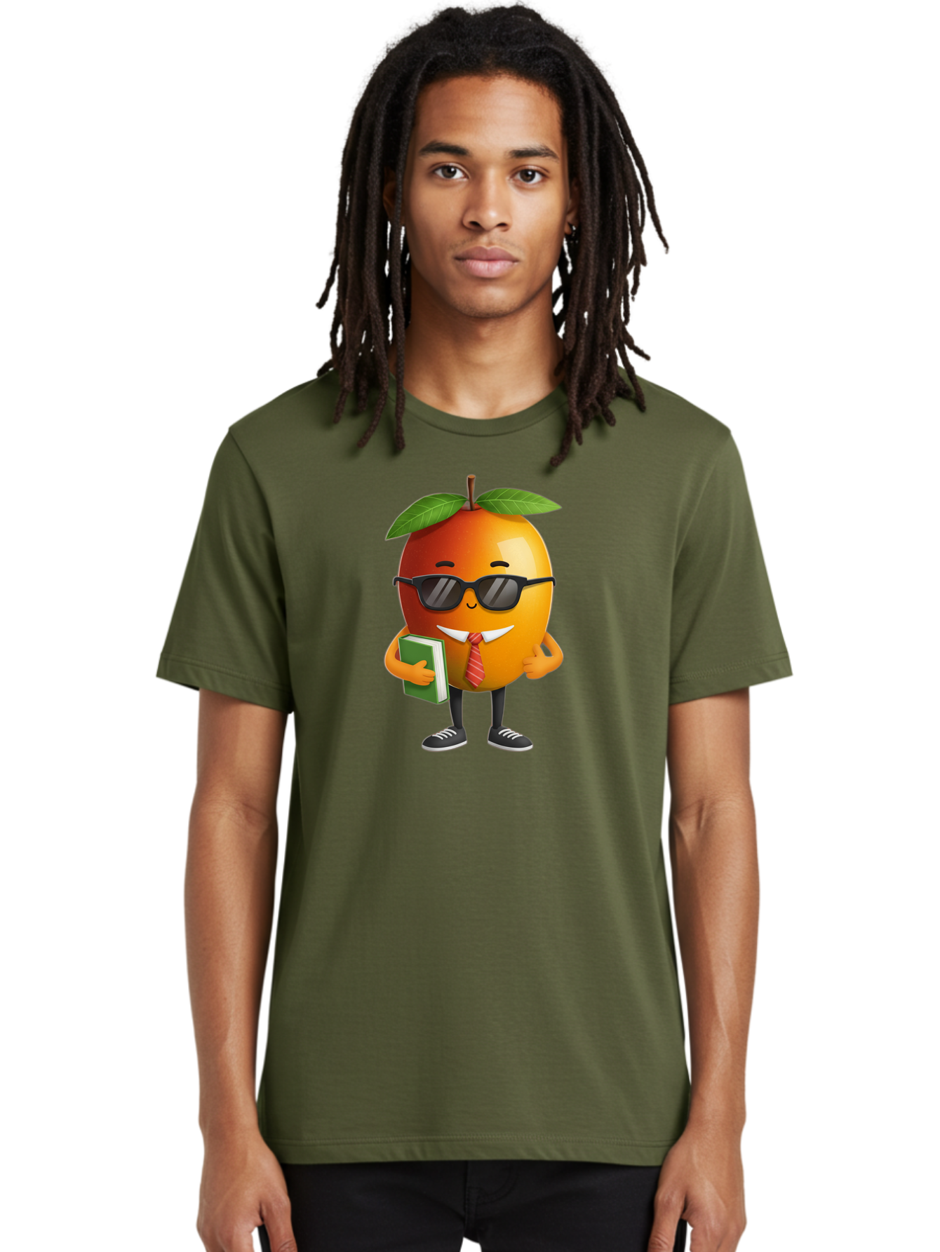Cool-Orange Men'S Graphic Tee, 100% Cotton, Comfortable Casual Summer Wear, Machine Washable, Cartoon Orange, Sunglasses, Red Tie, Green Book, Black Shoes, Funny Character, Citrus Fruit, Happy Face, Vibrant Orange, Playful Illustration, Bab817