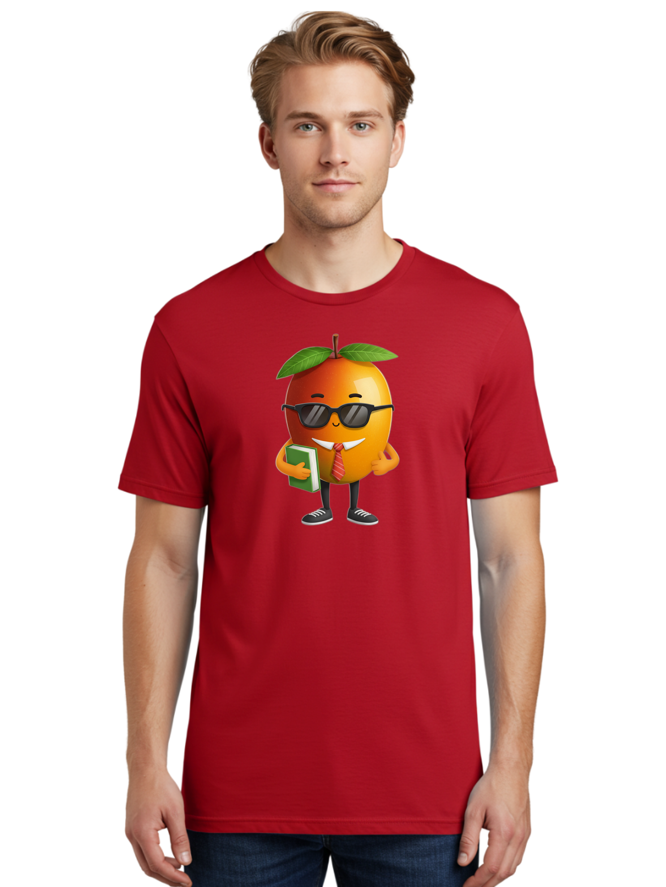 Cool-Orange Men'S Graphic Tee, 100% Cotton, Comfortable Casual Summer Wear, Machine Washable, Cartoon Orange, Sunglasses, Red Tie, Green Book, Black Shoes, Funny Character, Citrus Fruit, Happy Face, Vibrant Orange, Playful Illustration, Bab817