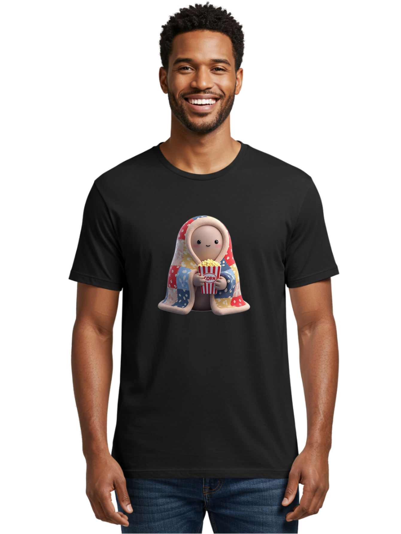 Corn Men'S Graphic Tee, 100% Cotton, Comfortable Casual Summer Wear, Machine Washable, Cartoon Character, Cozy Blanket, Popcorn Bucket, Red And White Stripes, Smiling Face, Cute Illustration, Snack Time, Movie Night, Cozy Atmosphere, Bab819
