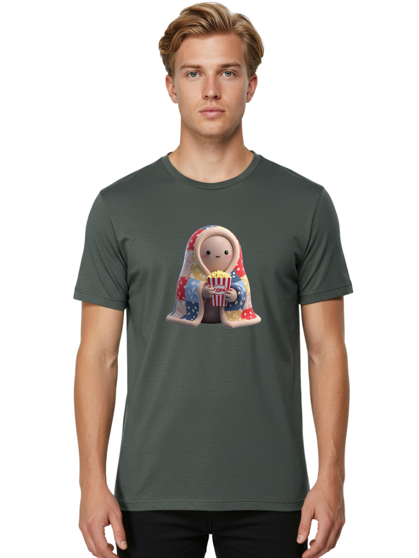 Corn Men'S Graphic Tee, 100% Cotton, Comfortable Casual Summer Wear, Machine Washable, Cartoon Character, Cozy Blanket, Popcorn Bucket, Red And White Stripes, Smiling Face, Cute Illustration, Snack Time, Movie Night, Cozy Atmosphere, Bab819