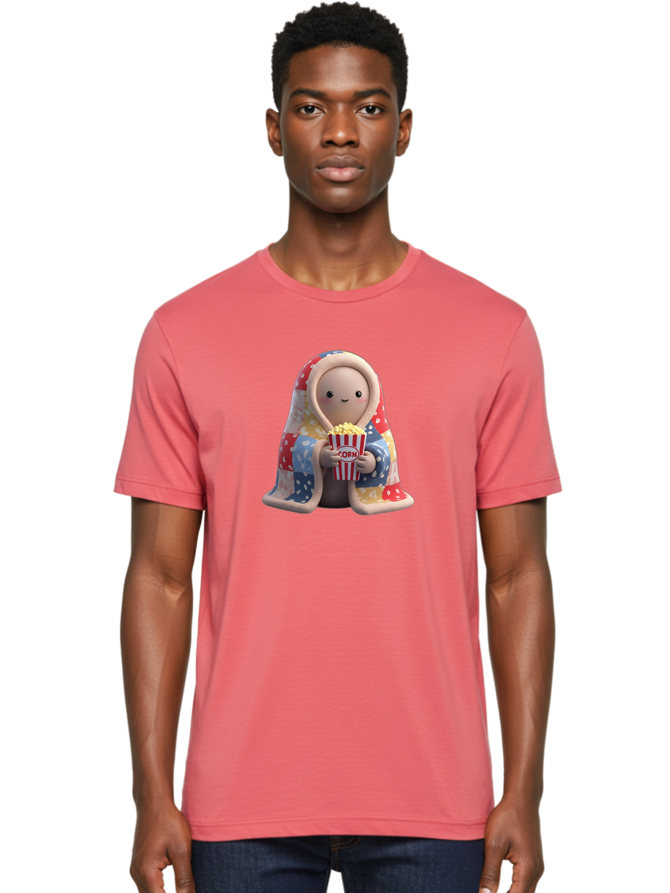 Corn Men'S Graphic Tee, 100% Cotton, Comfortable Casual Summer Wear, Machine Washable, Cartoon Character, Cozy Blanket, Popcorn Bucket, Red And White Stripes, Smiling Face, Cute Illustration, Snack Time, Movie Night, Cozy Atmosphere, Bab819