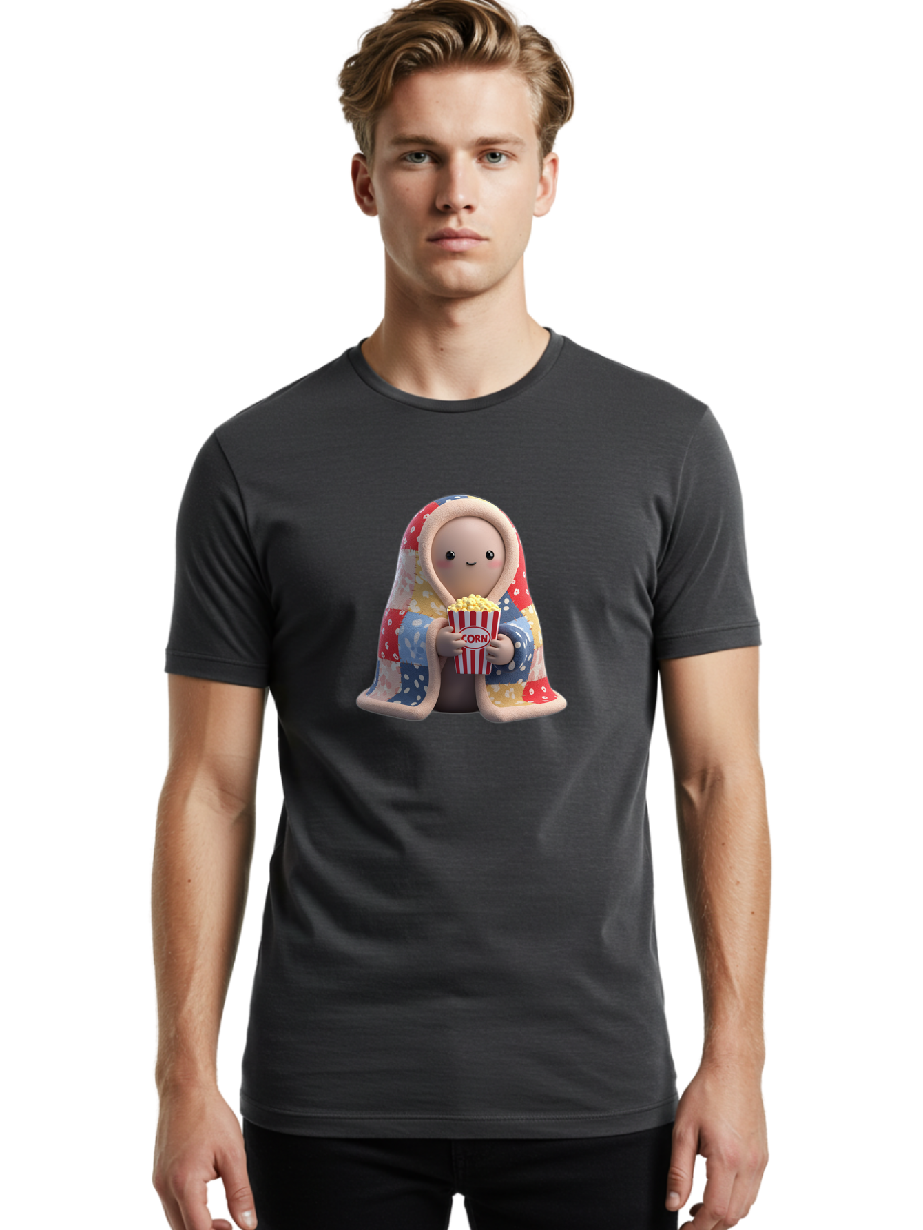 Corn Men'S Graphic Tee, 100% Cotton, Comfortable Casual Summer Wear, Machine Washable, Cartoon Character, Cozy Blanket, Popcorn Bucket, Red And White Stripes, Smiling Face, Cute Illustration, Snack Time, Movie Night, Cozy Atmosphere, Bab819