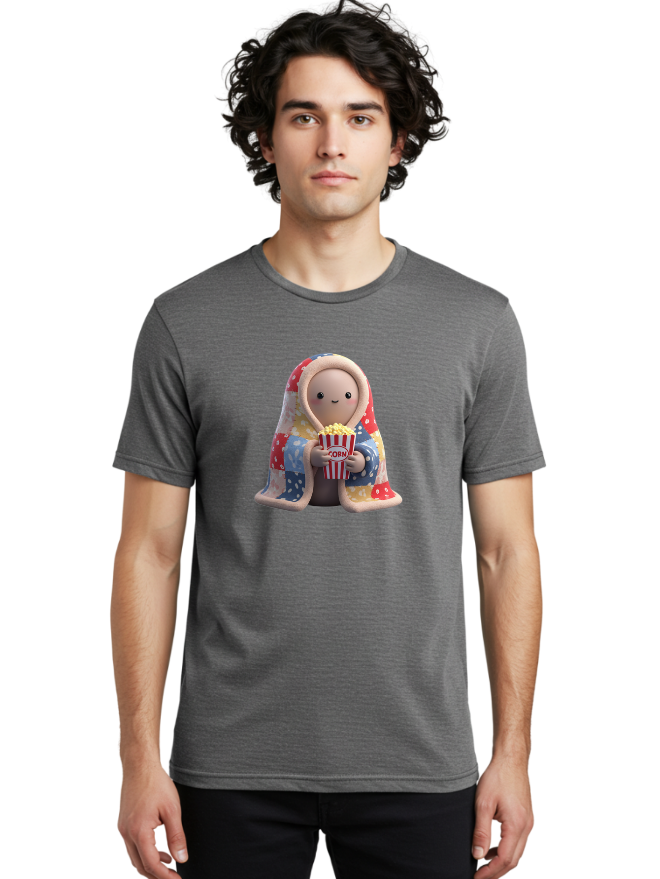 Corn Men'S Graphic Tee, 100% Cotton, Comfortable Casual Summer Wear, Machine Washable, Cartoon Character, Cozy Blanket, Popcorn Bucket, Red And White Stripes, Smiling Face, Cute Illustration, Snack Time, Movie Night, Cozy Atmosphere, Bab819