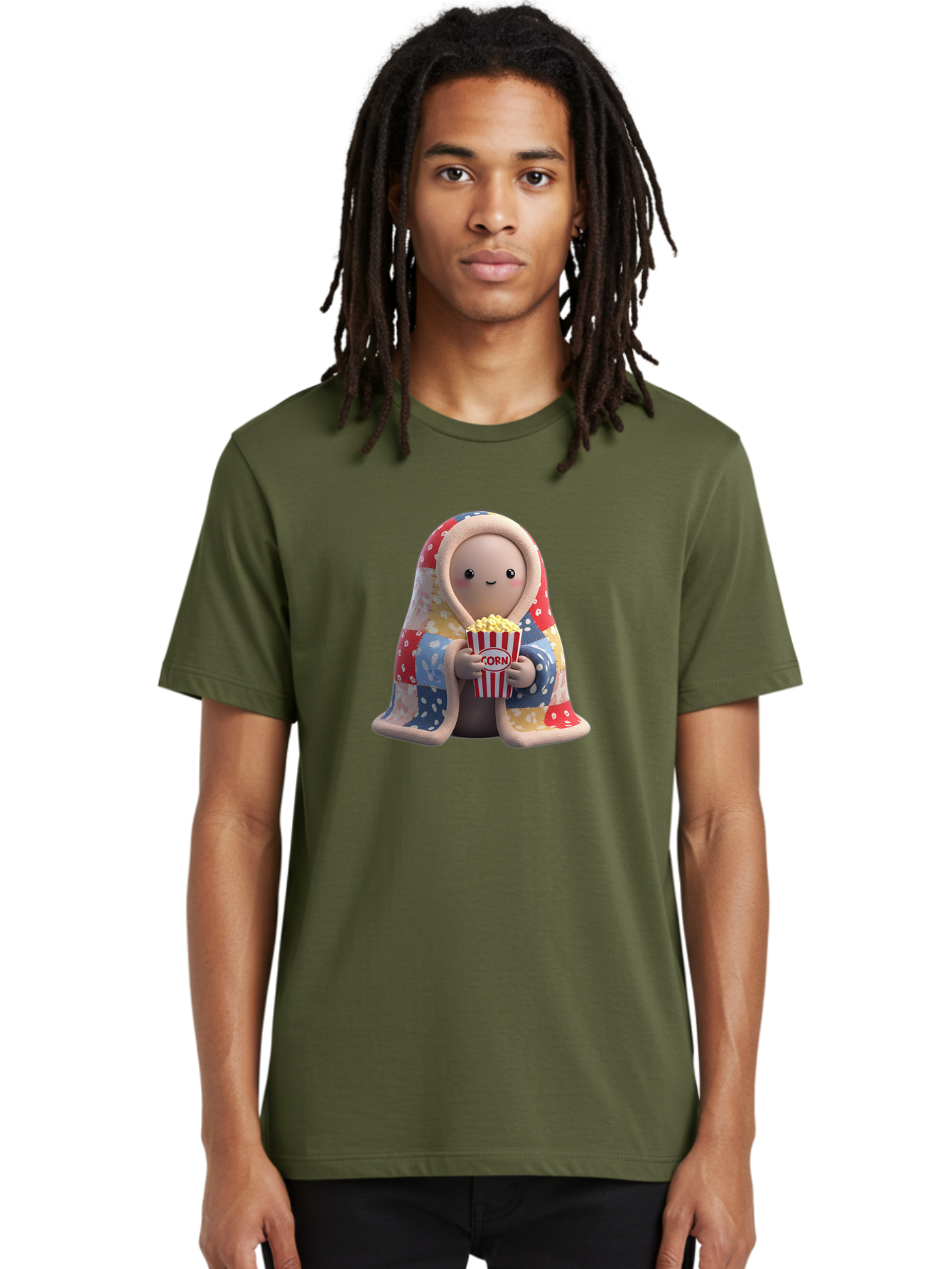 Corn Men'S Graphic Tee, 100% Cotton, Comfortable Casual Summer Wear, Machine Washable, Cartoon Character, Cozy Blanket, Popcorn Bucket, Red And White Stripes, Smiling Face, Cute Illustration, Snack Time, Movie Night, Cozy Atmosphere, Bab819