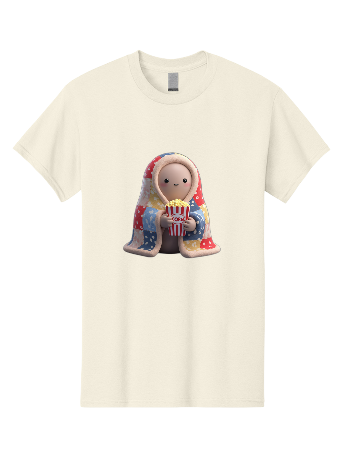 Corn Men'S Graphic Tee, 100% Cotton, Comfortable Casual Summer Wear, Machine Washable, Cartoon Character, Cozy Blanket, Popcorn Bucket, Red And White Stripes, Smiling Face, Cute Illustration, Snack Time, Movie Night, Cozy Atmosphere, Bab819