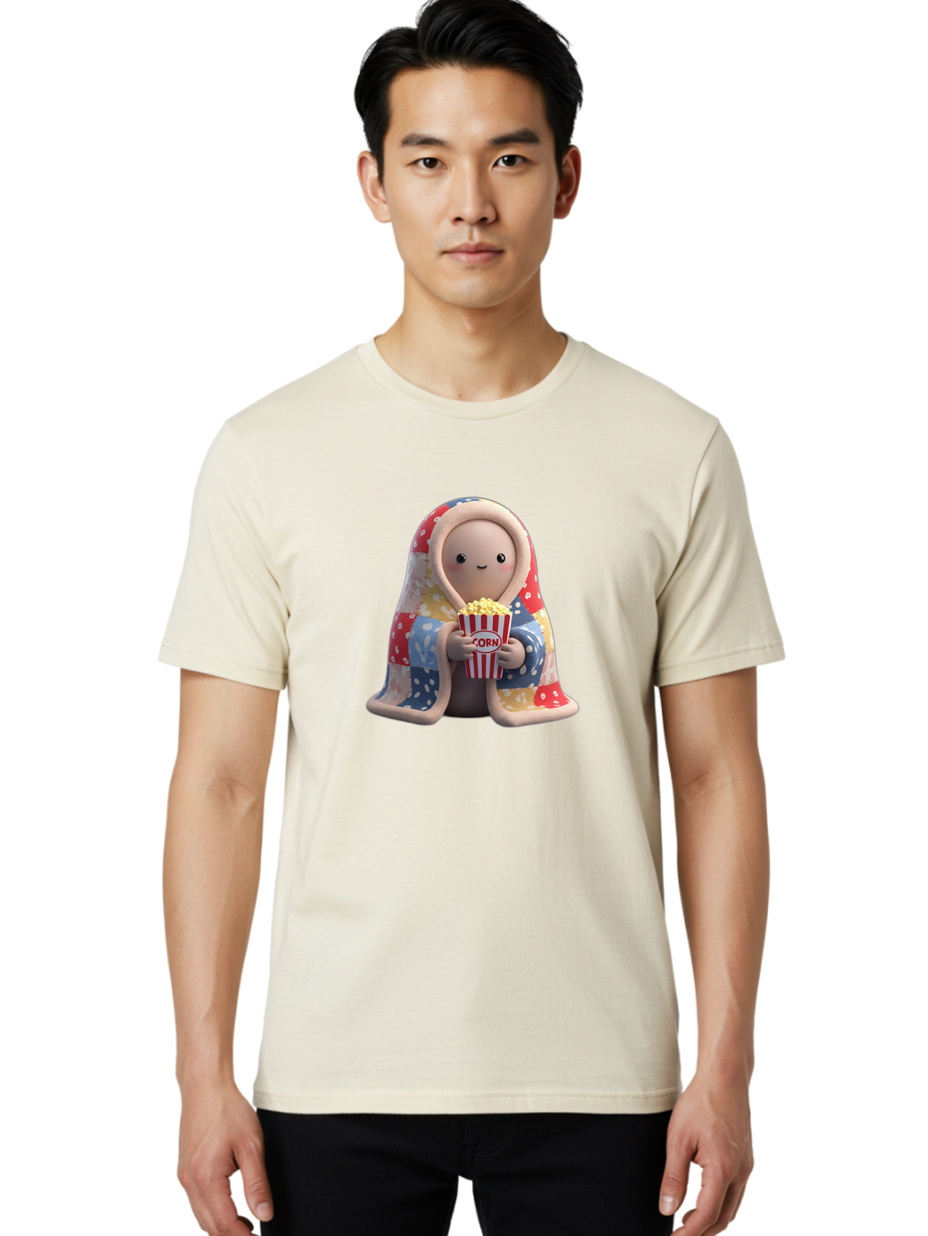 Corn Men'S Graphic Tee, 100% Cotton, Comfortable Casual Summer Wear, Machine Washable, Cartoon Character, Cozy Blanket, Popcorn Bucket, Red And White Stripes, Smiling Face, Cute Illustration, Snack Time, Movie Night, Cozy Atmosphere, Bab819