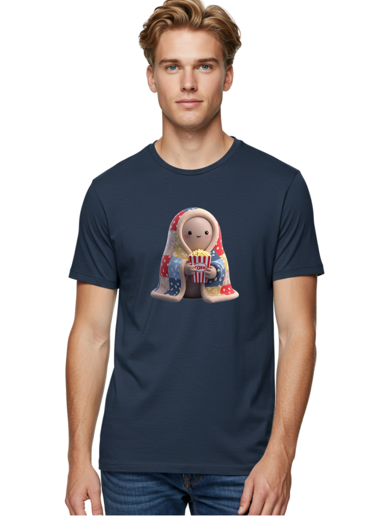 Corn Men'S Graphic Tee, 100% Cotton, Comfortable Casual Summer Wear, Machine Washable, Cartoon Character, Cozy Blanket, Popcorn Bucket, Red And White Stripes, Smiling Face, Cute Illustration, Snack Time, Movie Night, Cozy Atmosphere, Bab819
