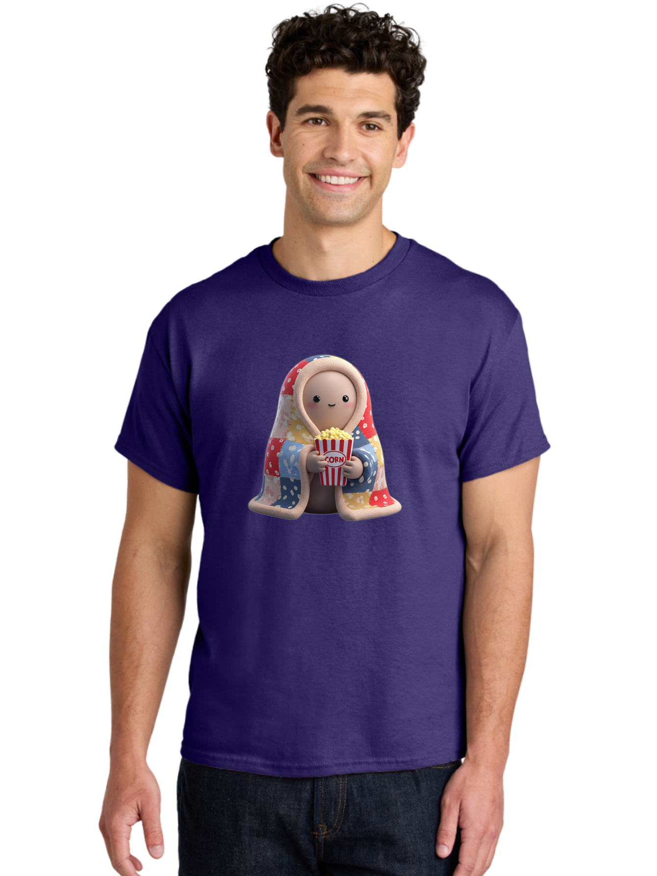 Corn Men'S Graphic Tee, 100% Cotton, Comfortable Casual Summer Wear, Machine Washable, Cartoon Character, Cozy Blanket, Popcorn Bucket, Red And White Stripes, Smiling Face, Cute Illustration, Snack Time, Movie Night, Cozy Atmosphere, Bab819