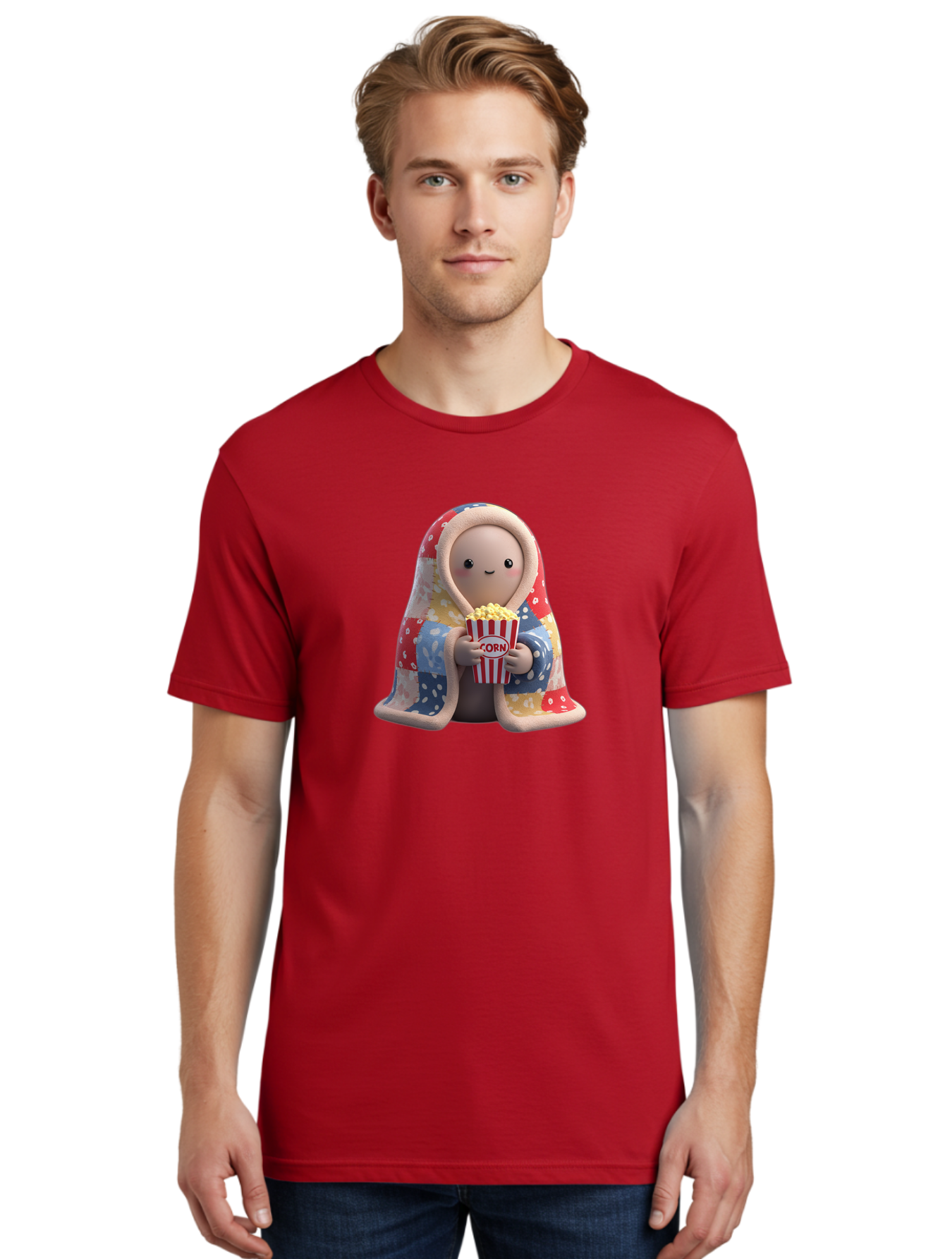 Corn Men'S Graphic Tee, 100% Cotton, Comfortable Casual Summer Wear, Machine Washable, Cartoon Character, Cozy Blanket, Popcorn Bucket, Red And White Stripes, Smiling Face, Cute Illustration, Snack Time, Movie Night, Cozy Atmosphere, Bab819