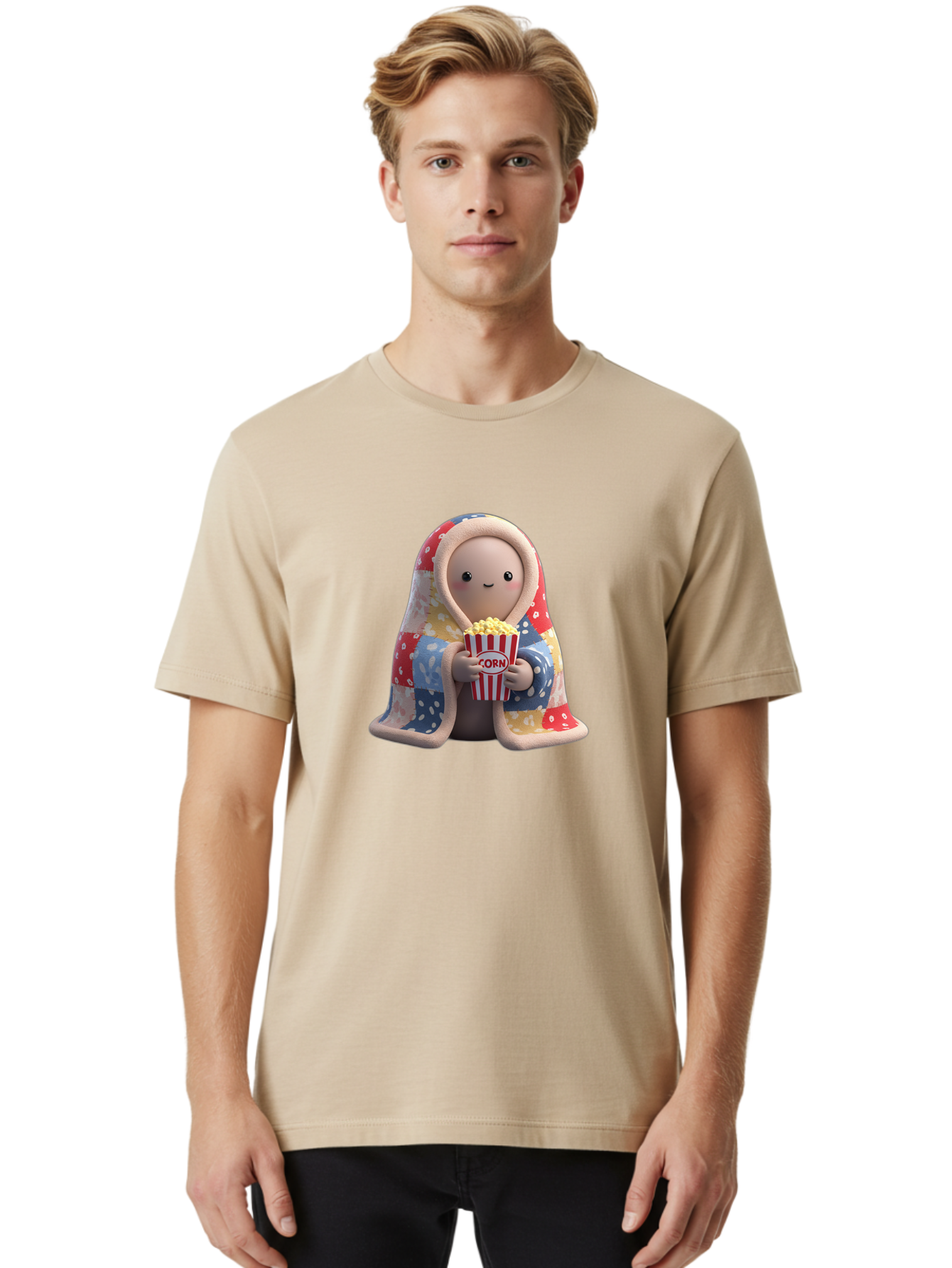 Corn Men'S Graphic Tee, 100% Cotton, Comfortable Casual Summer Wear, Machine Washable, Cartoon Character, Cozy Blanket, Popcorn Bucket, Red And White Stripes, Smiling Face, Cute Illustration, Snack Time, Movie Night, Cozy Atmosphere, Bab819