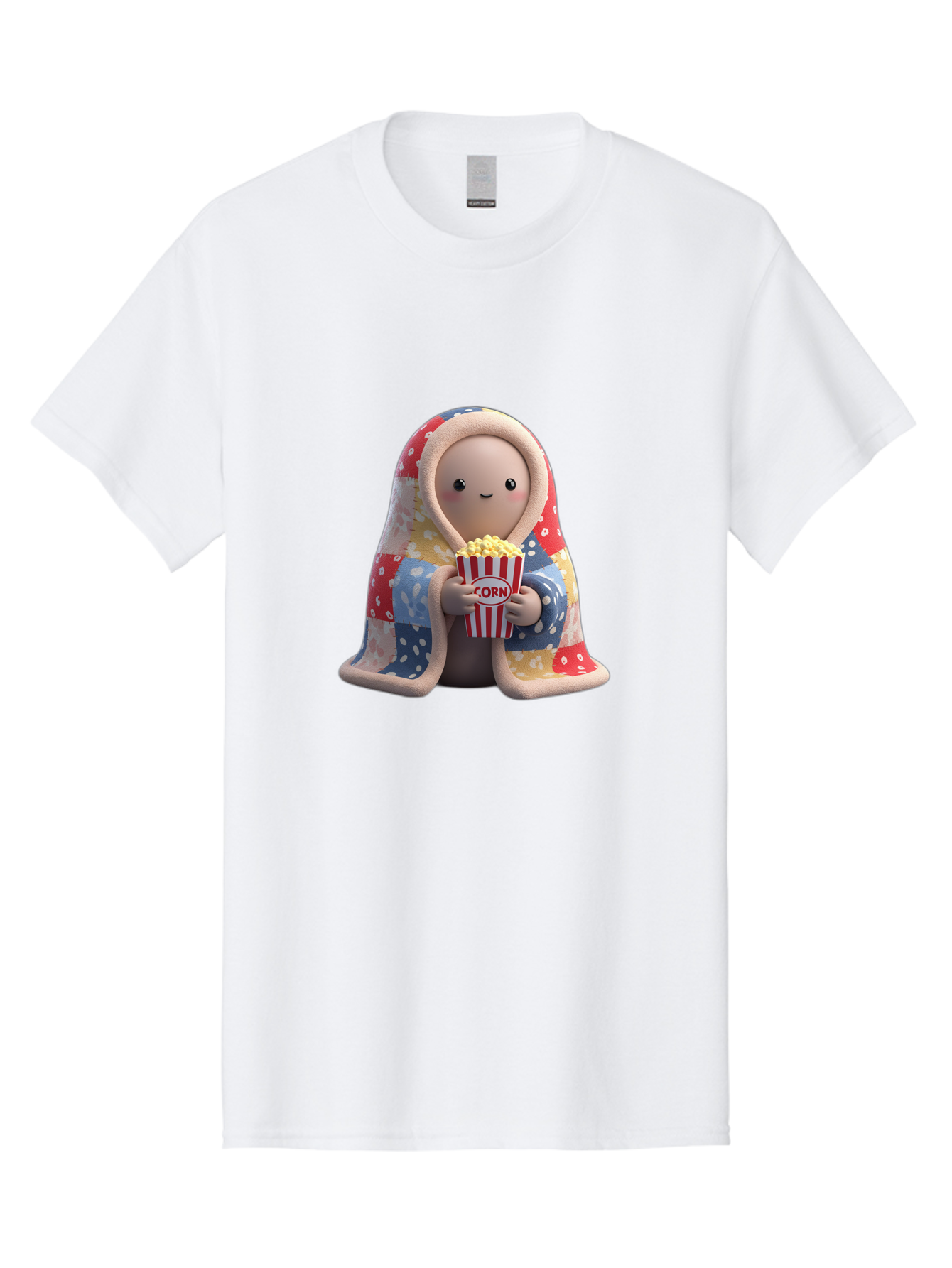 Corn Men'S Graphic Tee, 100% Cotton, Comfortable Casual Summer Wear, Machine Washable, Cartoon Character, Cozy Blanket, Popcorn Bucket, Red And White Stripes, Smiling Face, Cute Illustration, Snack Time, Movie Night, Cozy Atmosphere, Bab819