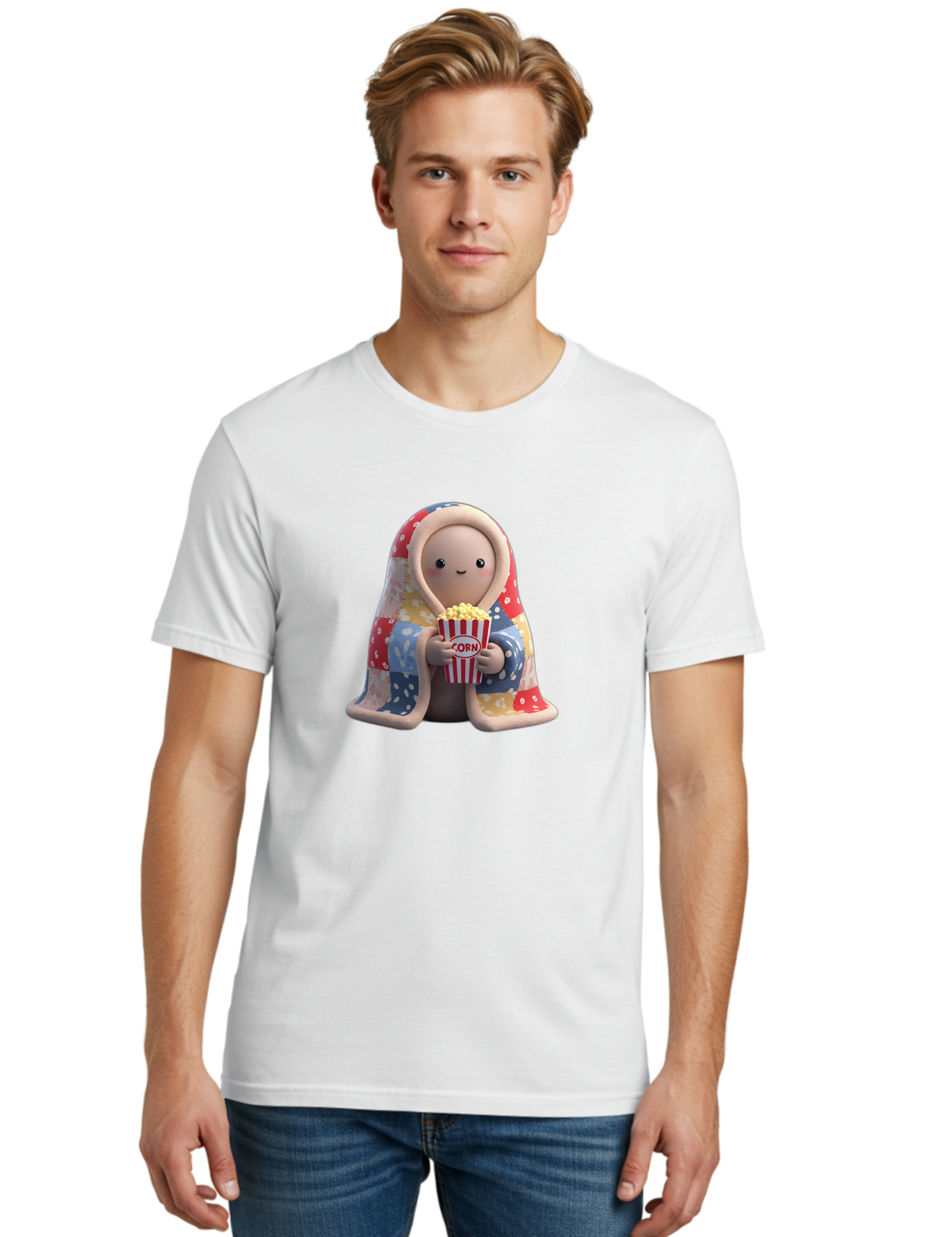 Corn Men'S Graphic Tee, 100% Cotton, Comfortable Casual Summer Wear, Machine Washable, Cartoon Character, Cozy Blanket, Popcorn Bucket, Red And White Stripes, Smiling Face, Cute Illustration, Snack Time, Movie Night, Cozy Atmosphere, Bab819