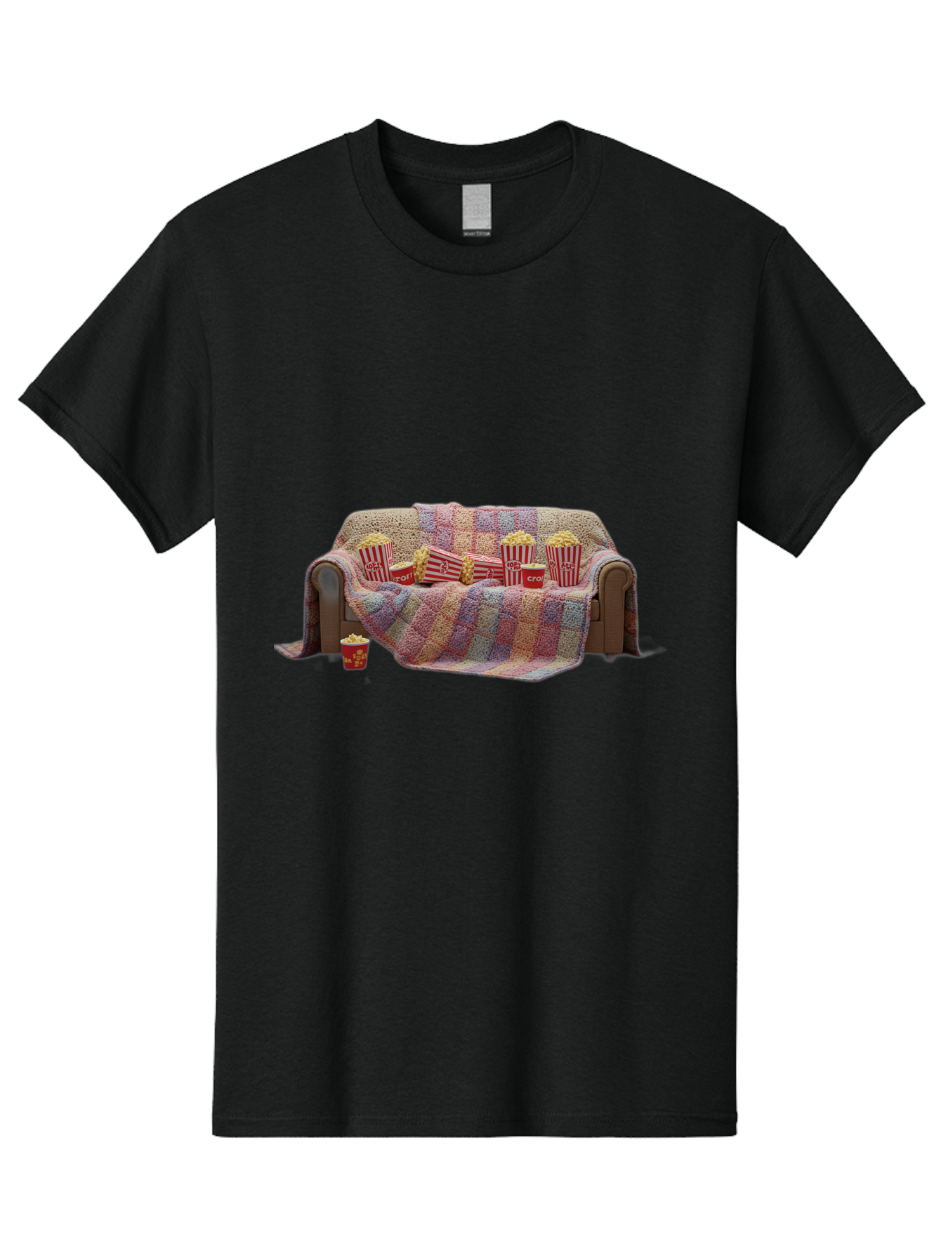 Couch-With-Popcorn-1 Men'S Graphic Tee, 100% Cotton, Comfortable Casual Summer Wear, Machine Washable, Couch With Popcorn, Movie Night Setup, Cozy Atmosphere, Snack Time, Red And White Striped Popcorn Boxes, Crochet Blanket, Home Entertainment Bab820