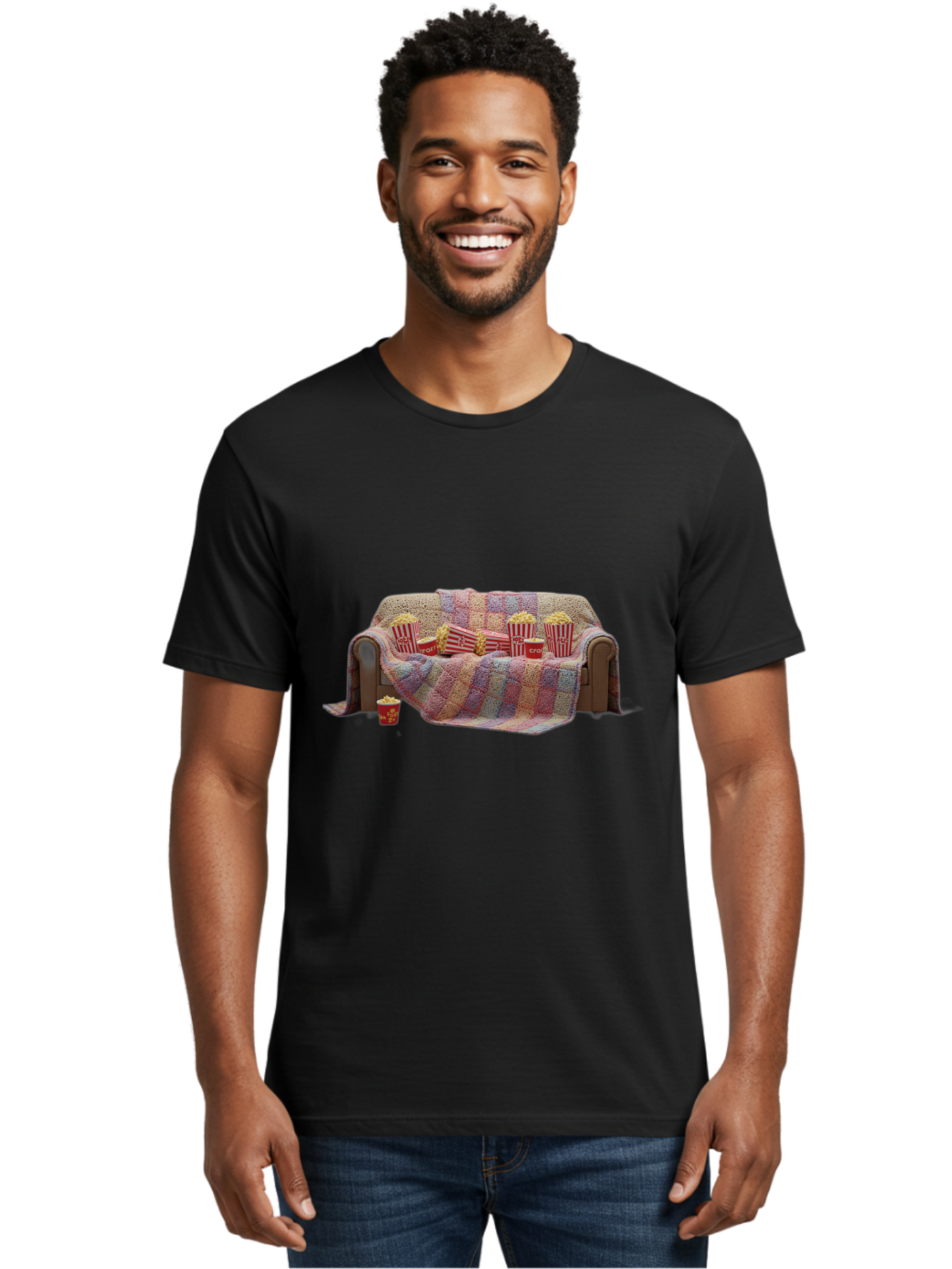 Couch-With-Popcorn-1 Men'S Graphic Tee, 100% Cotton, Comfortable Casual Summer Wear, Machine Washable, Couch With Popcorn, Movie Night Setup, Cozy Atmosphere, Snack Time, Red And White Striped Popcorn Boxes, Crochet Blanket, Home Entertainment Bab820