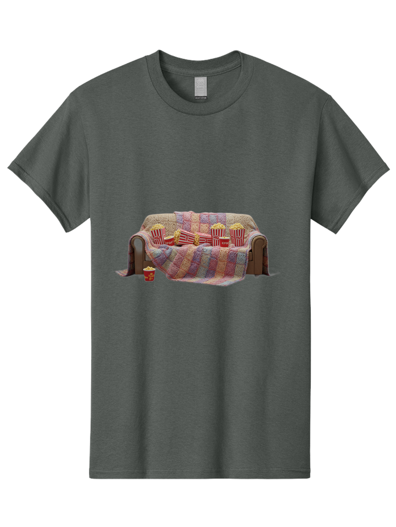 Couch-With-Popcorn-1 Men'S Graphic Tee, 100% Cotton, Comfortable Casual Summer Wear, Machine Washable, Couch With Popcorn, Movie Night Setup, Cozy Atmosphere, Snack Time, Red And White Striped Popcorn Boxes, Crochet Blanket, Home Entertainment Bab820
