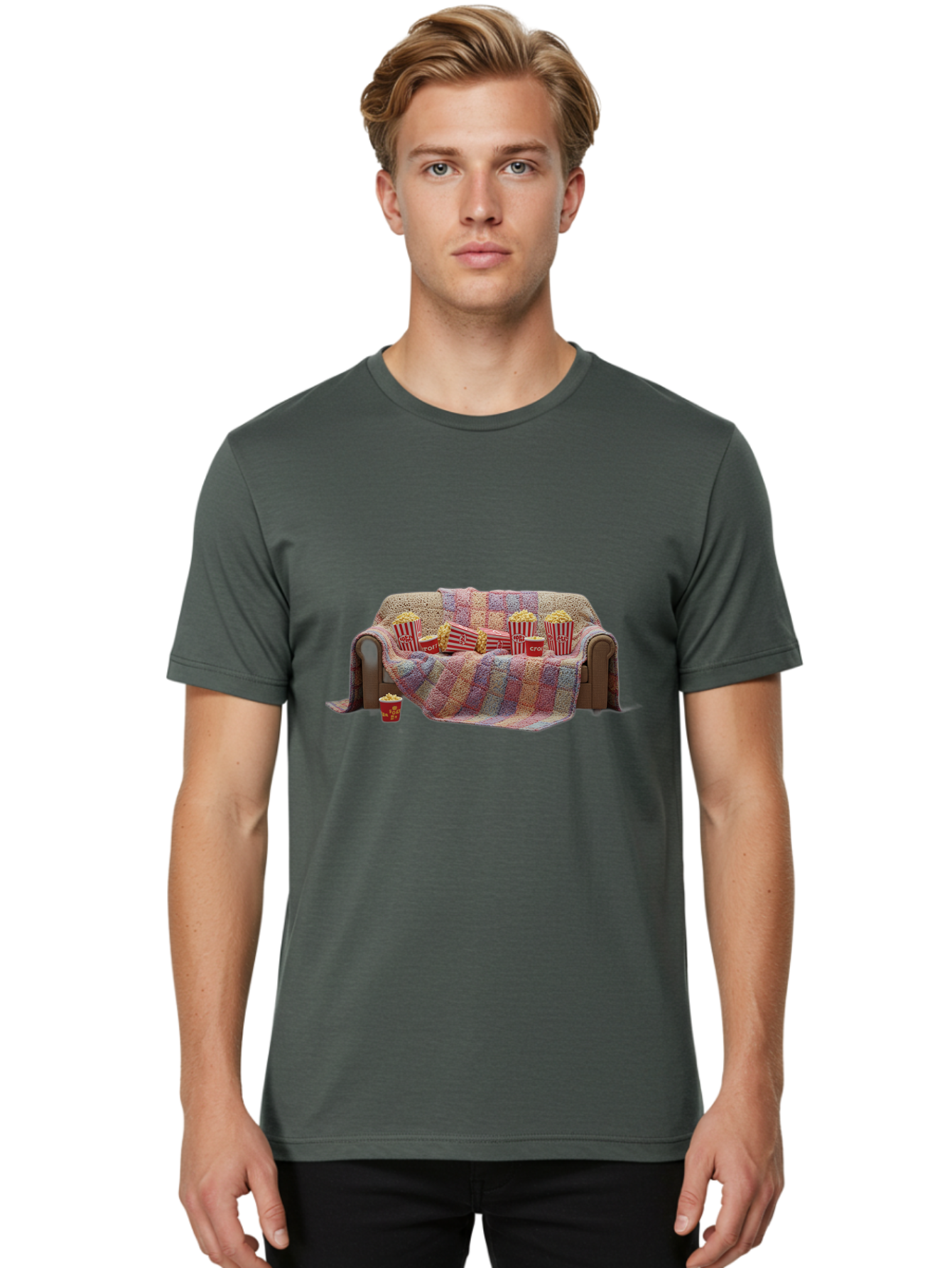 Couch-With-Popcorn-1 Men'S Graphic Tee, 100% Cotton, Comfortable Casual Summer Wear, Machine Washable, Couch With Popcorn, Movie Night Setup, Cozy Atmosphere, Snack Time, Red And White Striped Popcorn Boxes, Crochet Blanket, Home Entertainment Bab820