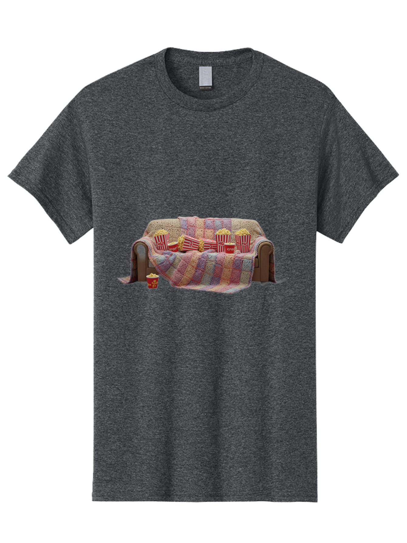 Couch-With-Popcorn-1 Men'S Graphic Tee, 100% Cotton, Comfortable Casual Summer Wear, Machine Washable, Couch With Popcorn, Movie Night Setup, Cozy Atmosphere, Snack Time, Red And White Striped Popcorn Boxes, Crochet Blanket, Home Entertainment Bab820