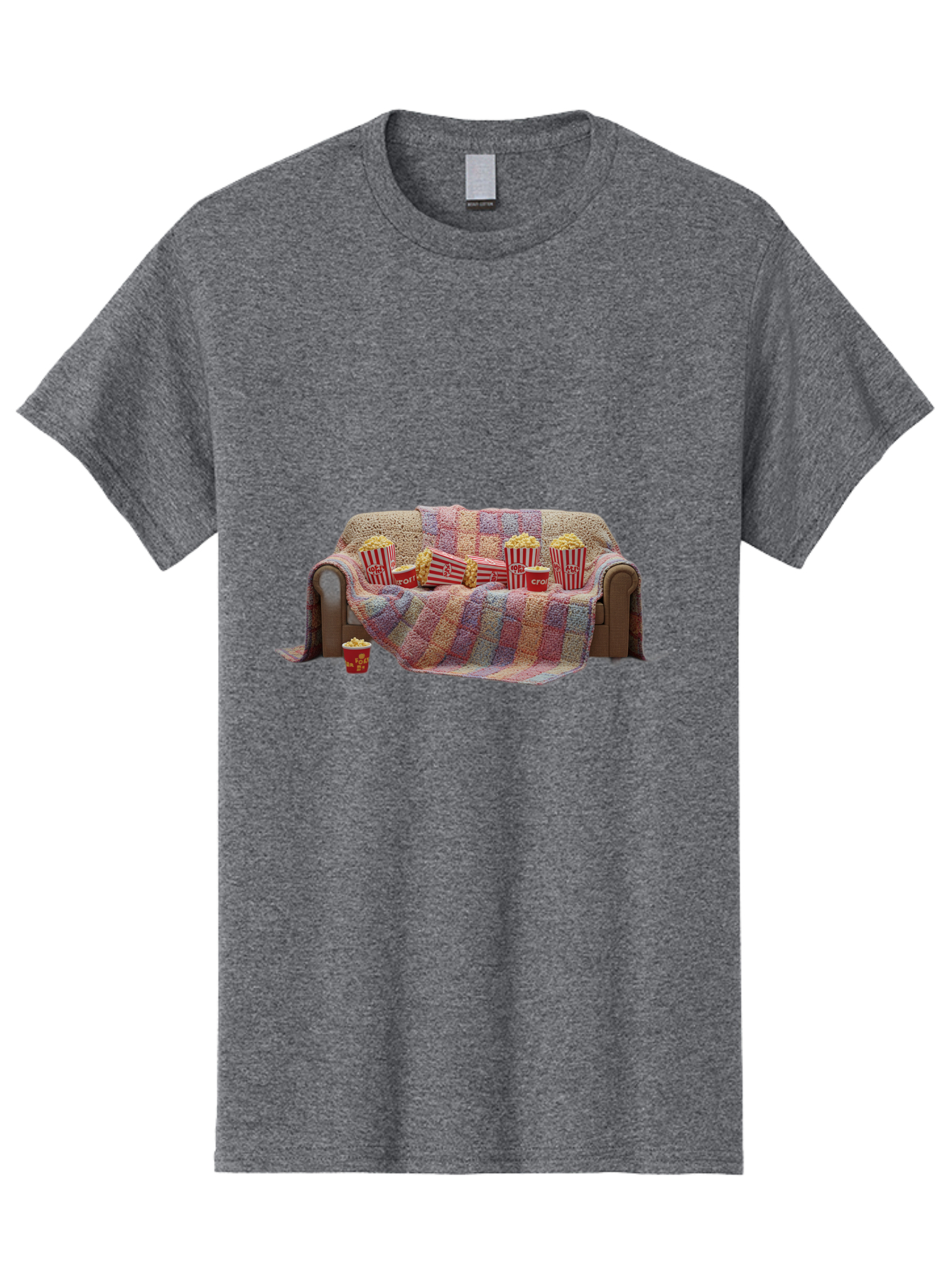 Couch-With-Popcorn-1 Men'S Graphic Tee, 100% Cotton, Comfortable Casual Summer Wear, Machine Washable, Couch With Popcorn, Movie Night Setup, Cozy Atmosphere, Snack Time, Red And White Striped Popcorn Boxes, Crochet Blanket, Home Entertainment Bab820