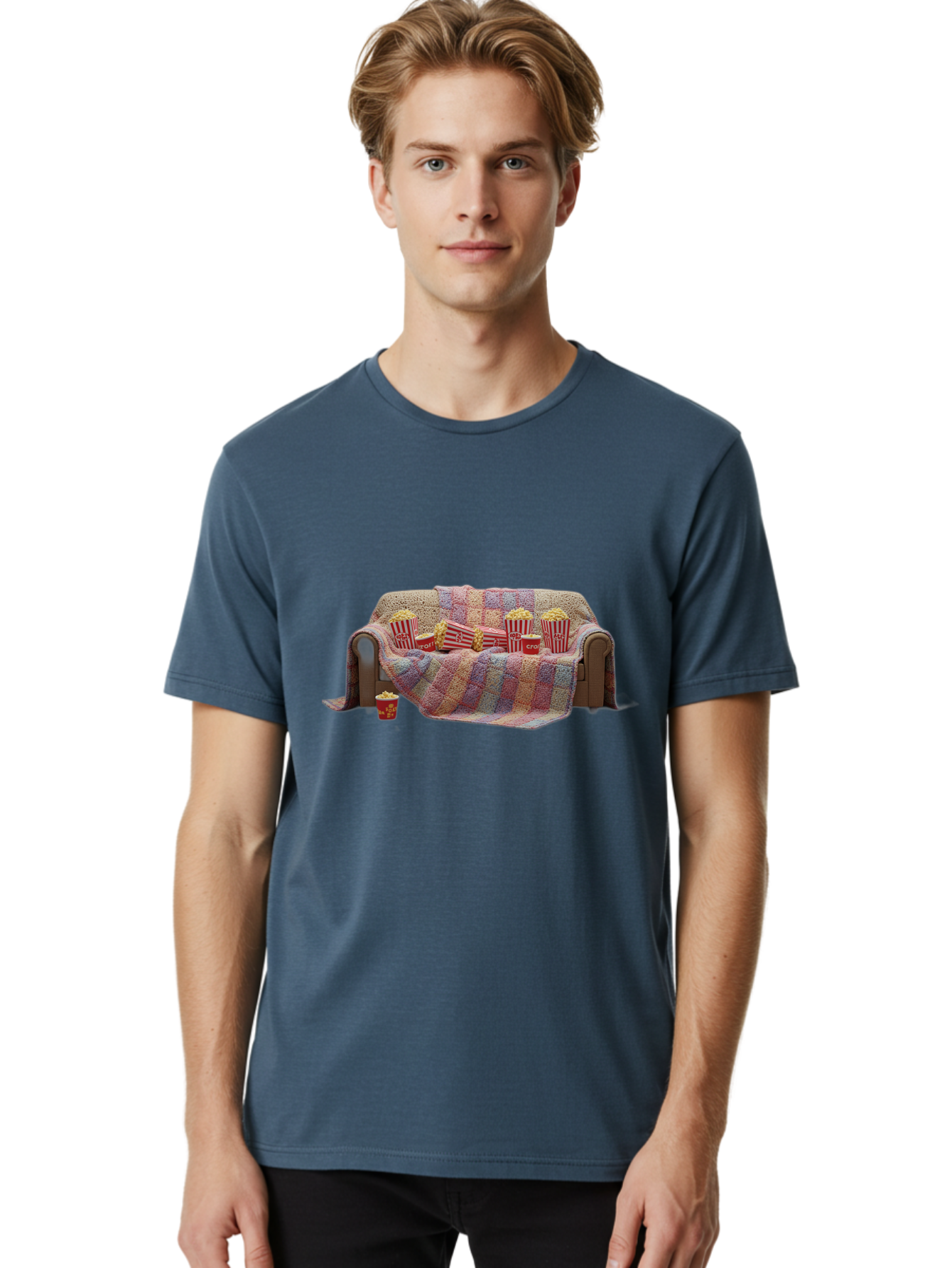 Couch-With-Popcorn-1 Men'S Graphic Tee, 100% Cotton, Comfortable Casual Summer Wear, Machine Washable, Couch With Popcorn, Movie Night Setup, Cozy Atmosphere, Snack Time, Red And White Striped Popcorn Boxes, Crochet Blanket, Home Entertainment Bab820