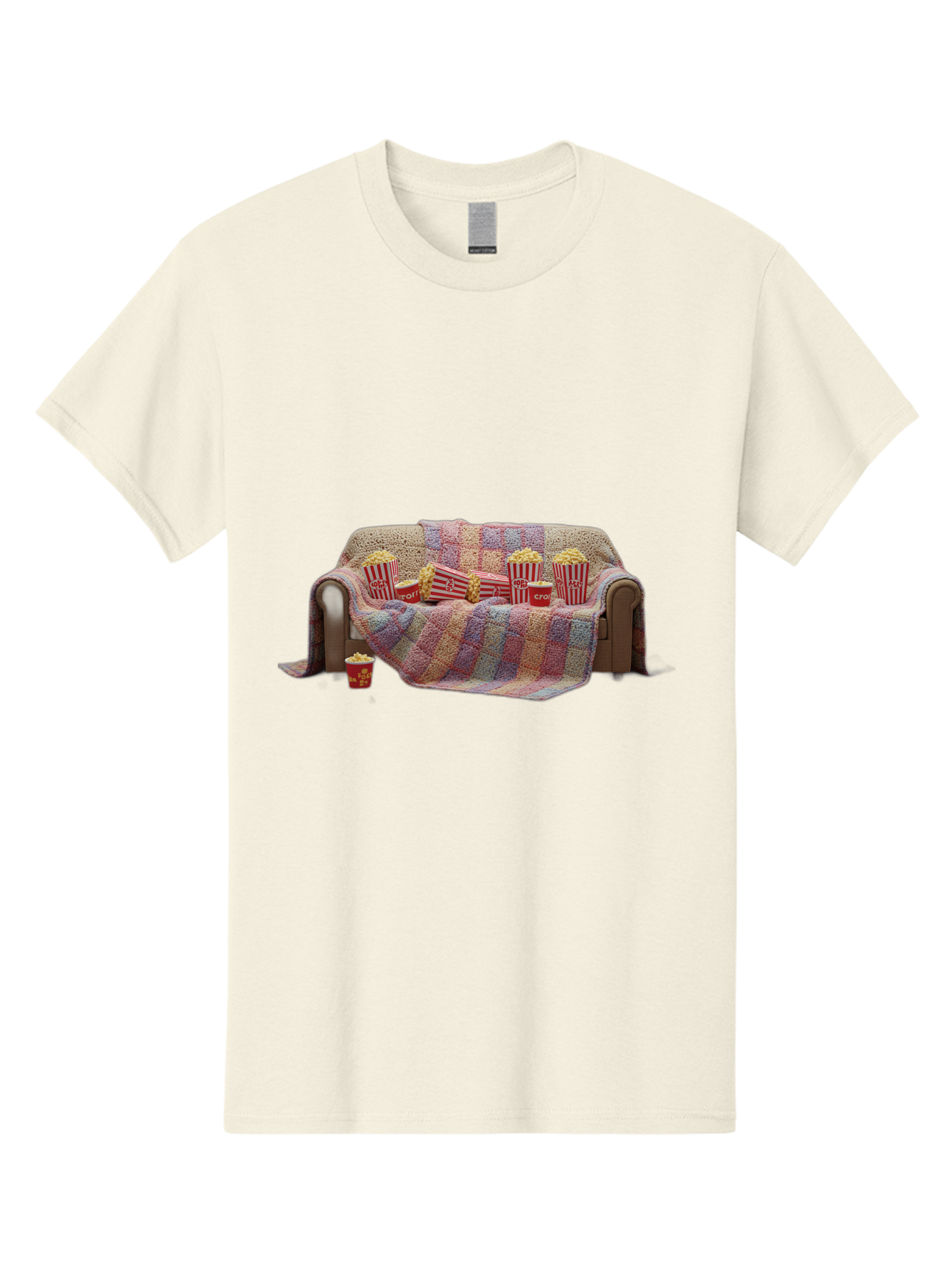 Couch-With-Popcorn-1 Men'S Graphic Tee, 100% Cotton, Comfortable Casual Summer Wear, Machine Washable, Couch With Popcorn, Movie Night Setup, Cozy Atmosphere, Snack Time, Red And White Striped Popcorn Boxes, Crochet Blanket, Home Entertainment Bab820