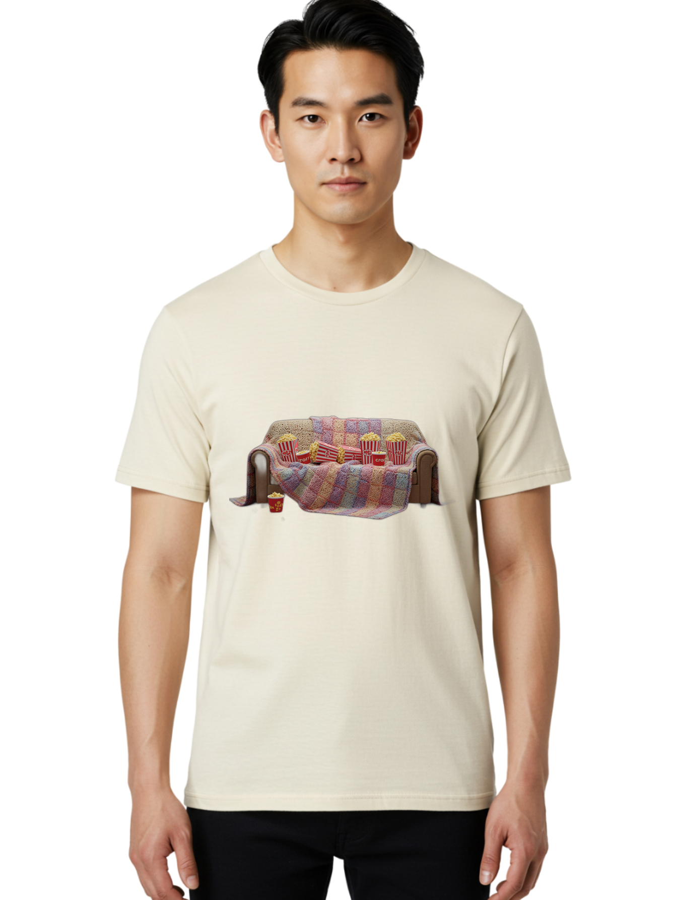 Couch-With-Popcorn-1 Men'S Graphic Tee, 100% Cotton, Comfortable Casual Summer Wear, Machine Washable, Couch With Popcorn, Movie Night Setup, Cozy Atmosphere, Snack Time, Red And White Striped Popcorn Boxes, Crochet Blanket, Home Entertainment Bab820