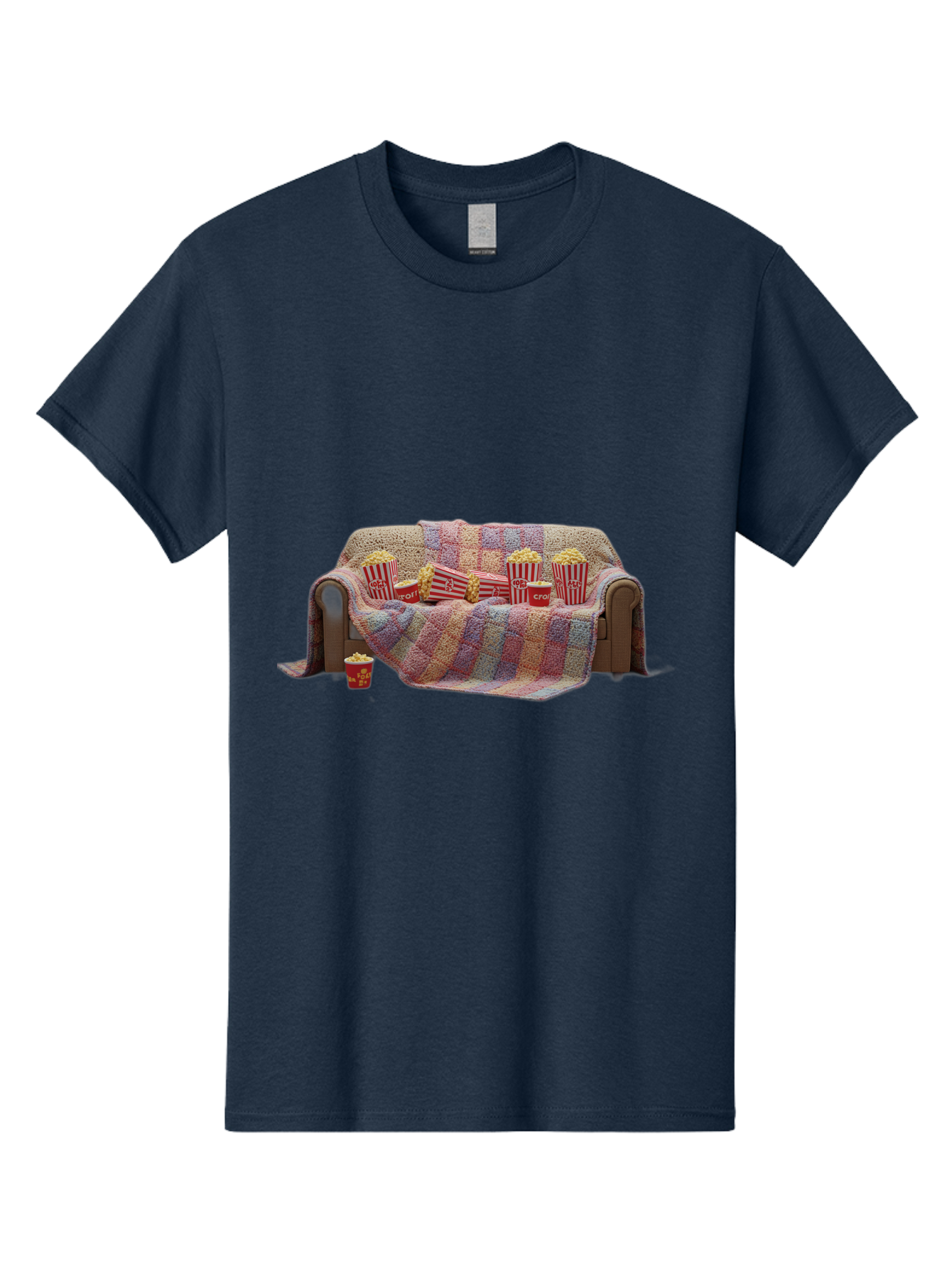 Couch-With-Popcorn-1 Men'S Graphic Tee, 100% Cotton, Comfortable Casual Summer Wear, Machine Washable, Couch With Popcorn, Movie Night Setup, Cozy Atmosphere, Snack Time, Red And White Striped Popcorn Boxes, Crochet Blanket, Home Entertainment Bab820