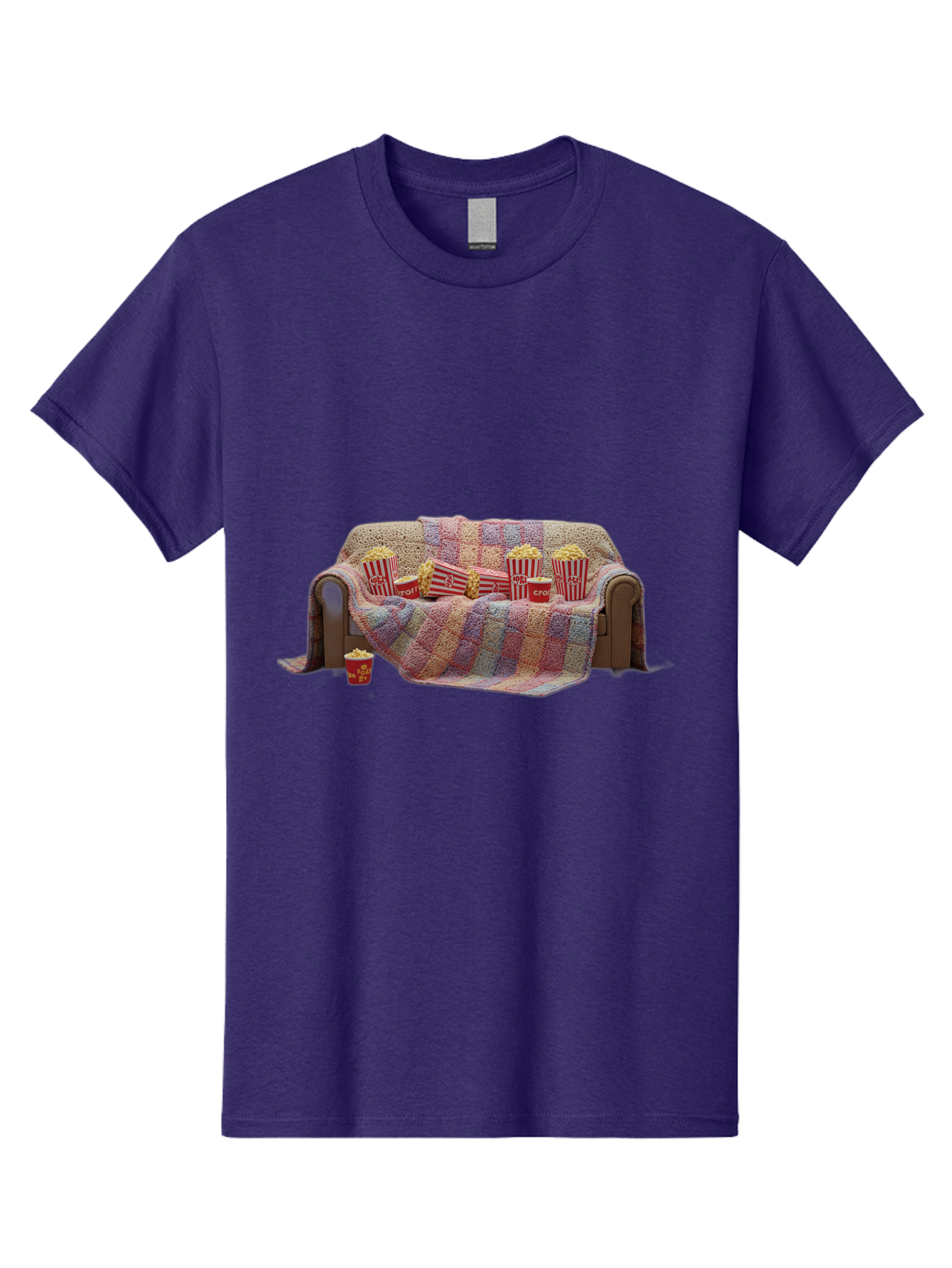 Couch-With-Popcorn-1 Men'S Graphic Tee, 100% Cotton, Comfortable Casual Summer Wear, Machine Washable, Couch With Popcorn, Movie Night Setup, Cozy Atmosphere, Snack Time, Red And White Striped Popcorn Boxes, Crochet Blanket, Home Entertainment Bab820