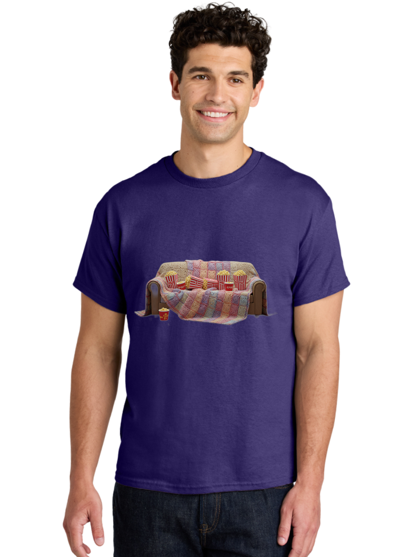 Couch-With-Popcorn-1 Men'S Graphic Tee, 100% Cotton, Comfortable Casual Summer Wear, Machine Washable, Couch With Popcorn, Movie Night Setup, Cozy Atmosphere, Snack Time, Red And White Striped Popcorn Boxes, Crochet Blanket, Home Entertainment Bab820