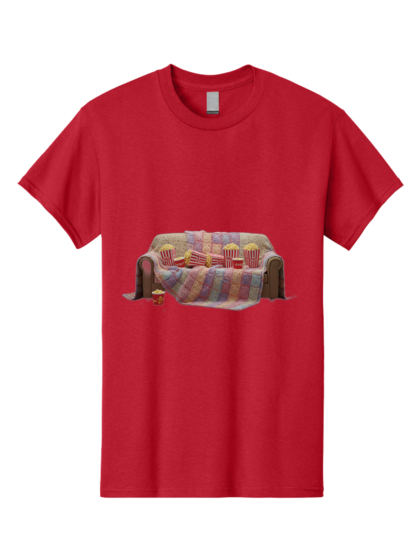 Couch-With-Popcorn-1 Men'S Graphic Tee, 100% Cotton, Comfortable Casual Summer Wear, Machine Washable, Couch With Popcorn, Movie Night Setup, Cozy Atmosphere, Snack Time, Red And White Striped Popcorn Boxes, Crochet Blanket, Home Entertainment Bab820