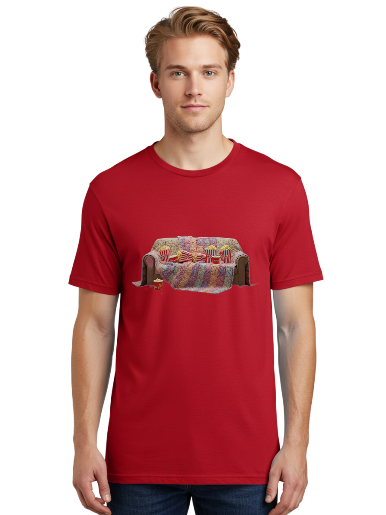 Couch-With-Popcorn-1 Men'S Graphic Tee, 100% Cotton, Comfortable Casual Summer Wear, Machine Washable, Couch With Popcorn, Movie Night Setup, Cozy Atmosphere, Snack Time, Red And White Striped Popcorn Boxes, Crochet Blanket, Home Entertainment Bab820