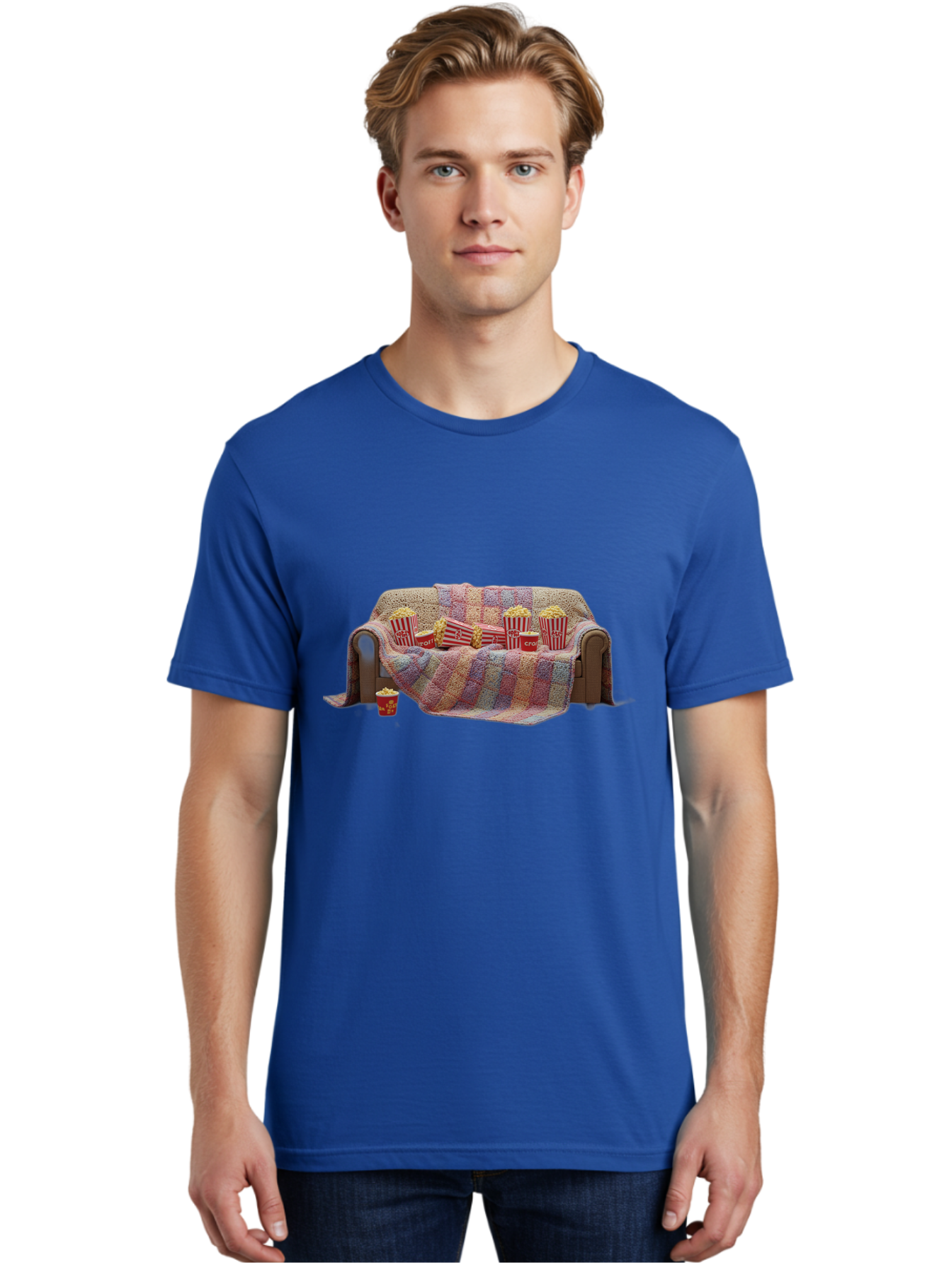 Couch-With-Popcorn-1 Men'S Graphic Tee, 100% Cotton, Comfortable Casual Summer Wear, Machine Washable, Couch With Popcorn, Movie Night Setup, Cozy Atmosphere, Snack Time, Red And White Striped Popcorn Boxes, Crochet Blanket, Home Entertainment Bab820