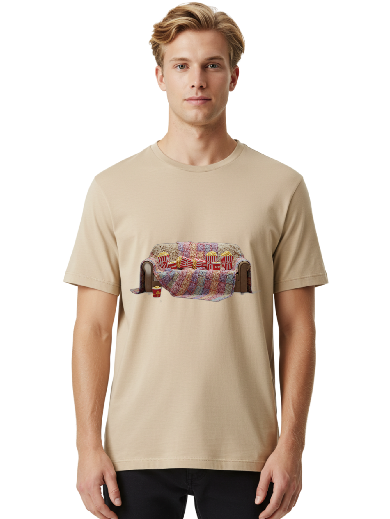 Couch-With-Popcorn-1 Men'S Graphic Tee, 100% Cotton, Comfortable Casual Summer Wear, Machine Washable, Couch With Popcorn, Movie Night Setup, Cozy Atmosphere, Snack Time, Red And White Striped Popcorn Boxes, Crochet Blanket, Home Entertainment Bab820
