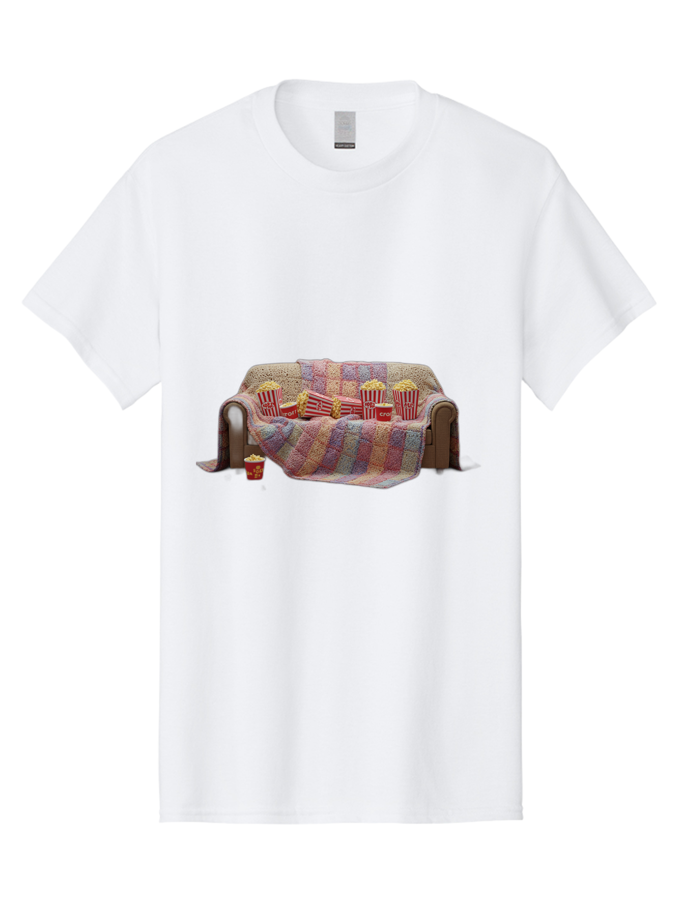 Couch-With-Popcorn-1 Men'S Graphic Tee, 100% Cotton, Comfortable Casual Summer Wear, Machine Washable, Couch With Popcorn, Movie Night Setup, Cozy Atmosphere, Snack Time, Red And White Striped Popcorn Boxes, Crochet Blanket, Home Entertainment Bab820