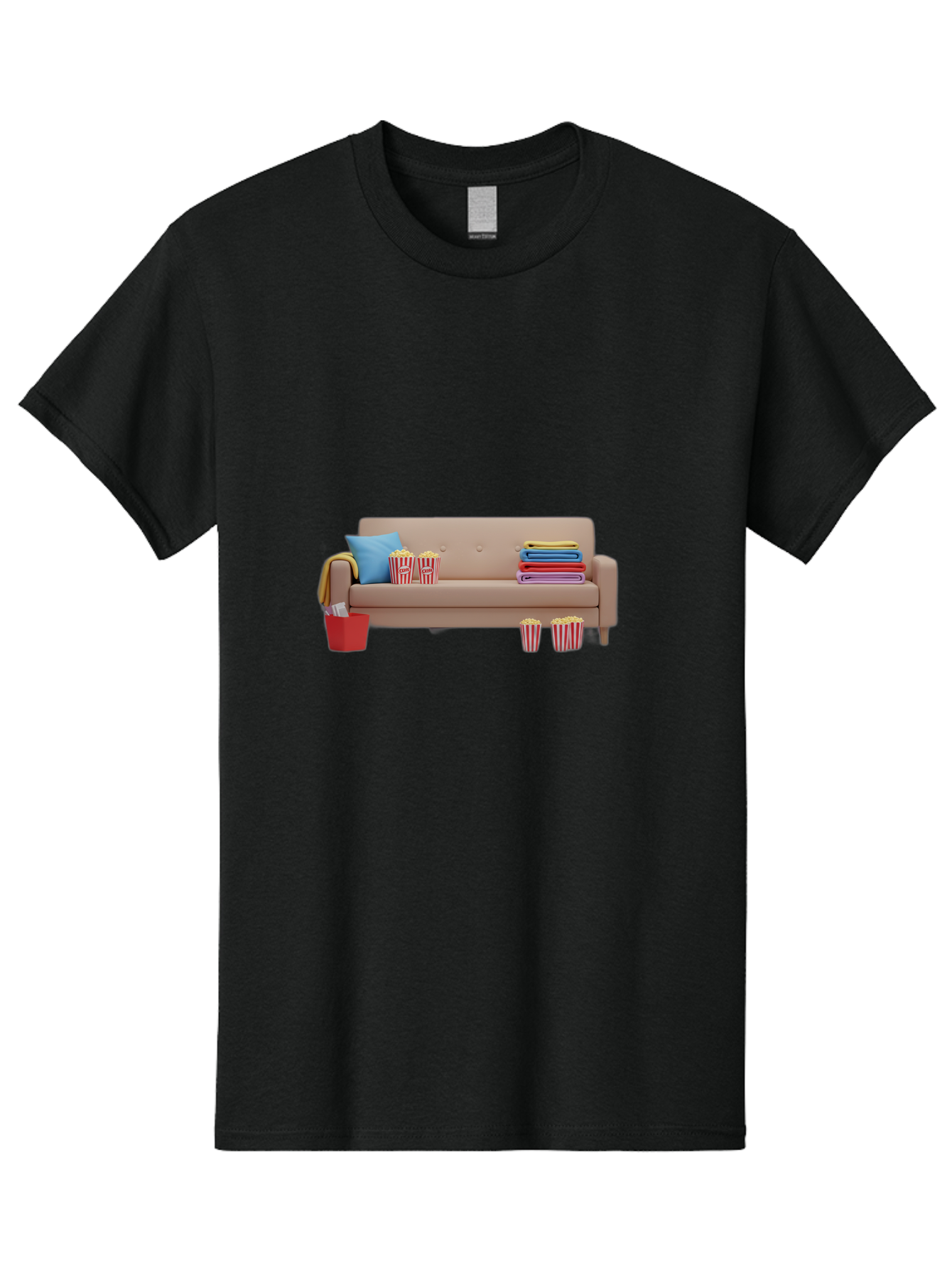 Couch-With-Popcorn Men'S Graphic Tee, 100% Cotton, Comfortable Casual Summer Wear, Machine Washable, Movie Night Setup, Cozy Home Decor, Comfortable Seating, Snacks, Popcorn Buckets, Blankets, Cozy Atmosphere, Living Room, Relaxation, Bab821