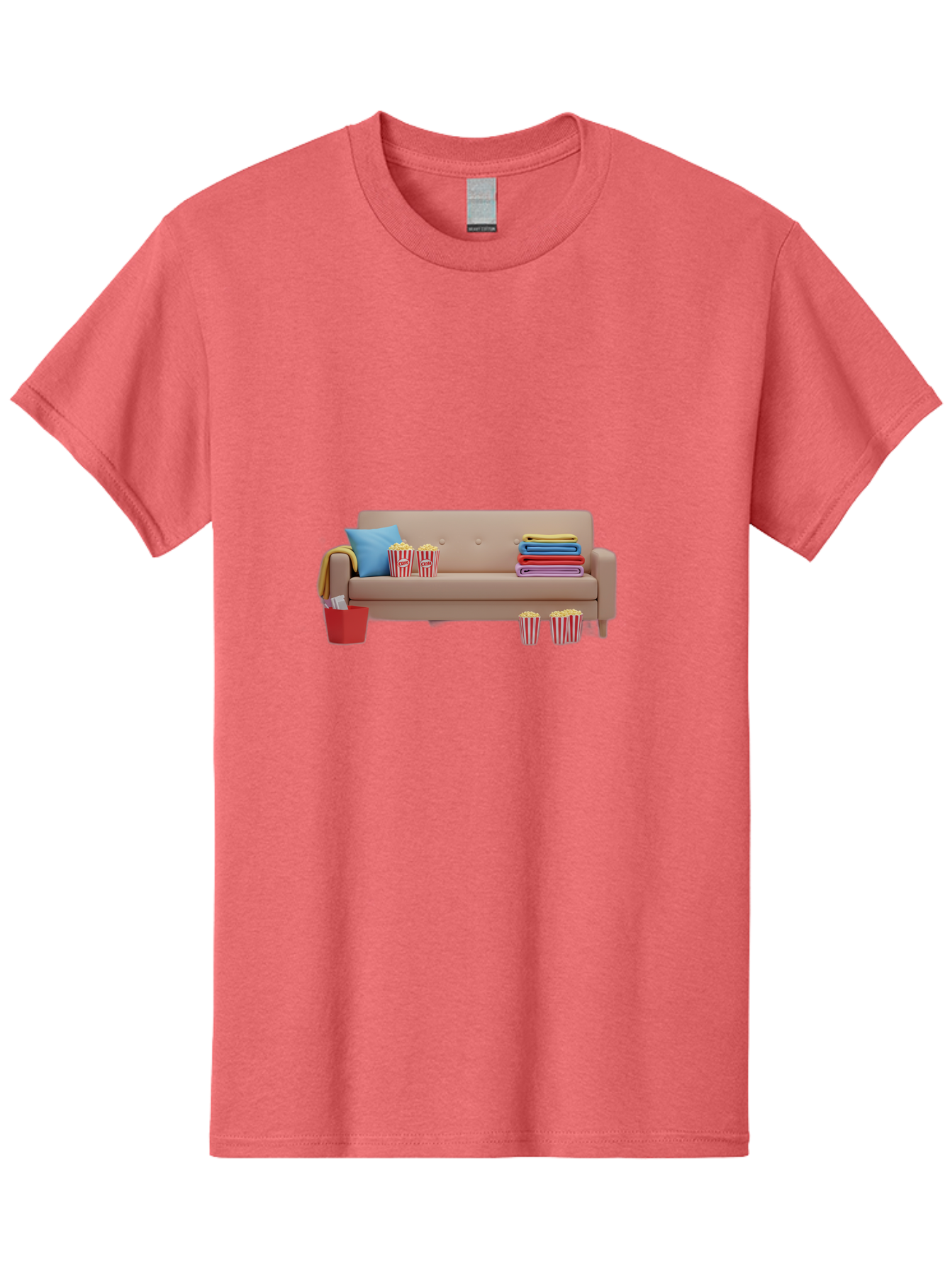 Couch-With-Popcorn Men'S Graphic Tee, 100% Cotton, Comfortable Casual Summer Wear, Machine Washable, Movie Night Setup, Cozy Home Decor, Comfortable Seating, Snacks, Popcorn Buckets, Blankets, Cozy Atmosphere, Living Room, Relaxation, Bab821