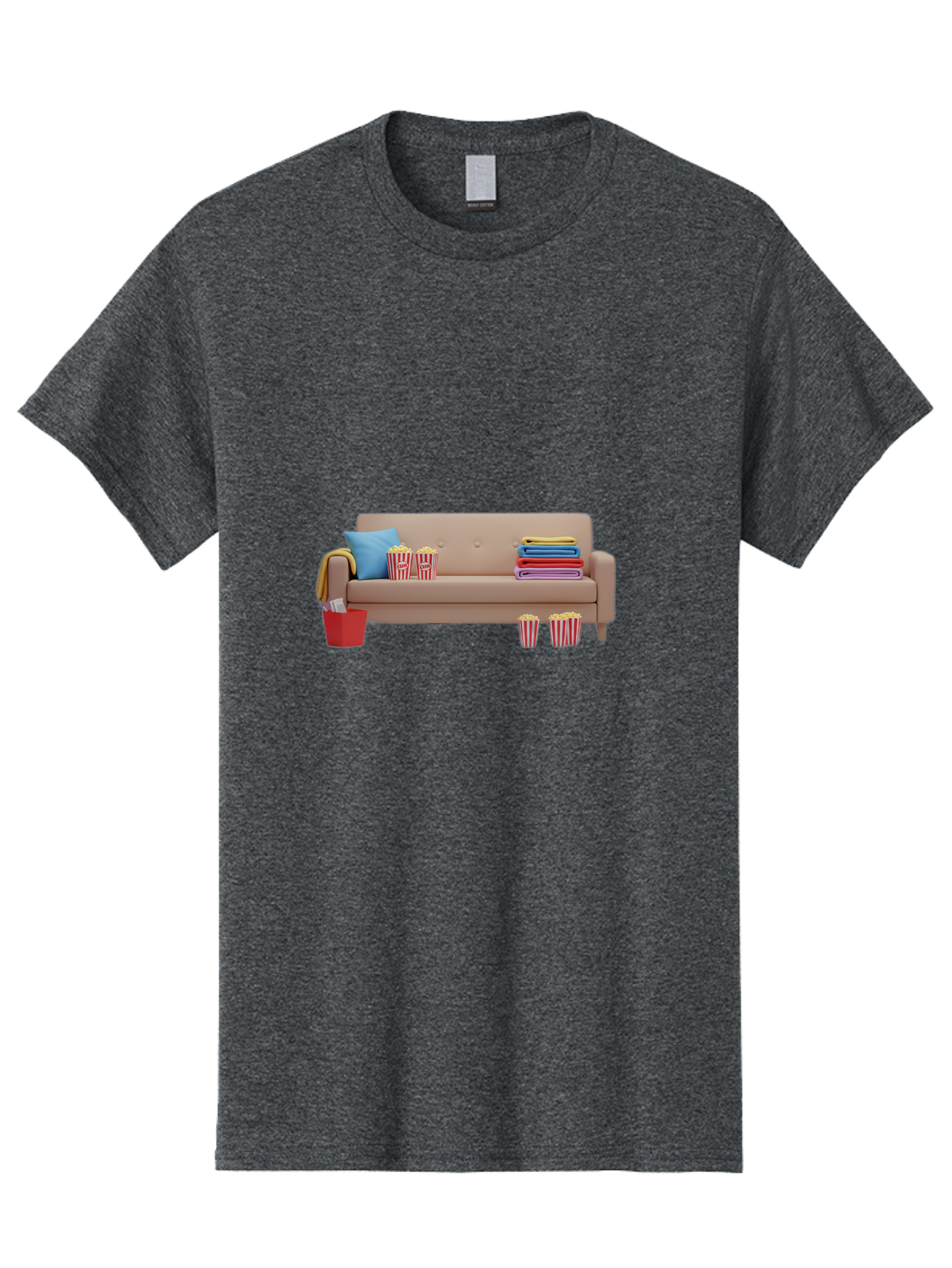 Couch-With-Popcorn Men'S Graphic Tee, 100% Cotton, Comfortable Casual Summer Wear, Machine Washable, Movie Night Setup, Cozy Home Decor, Comfortable Seating, Snacks, Popcorn Buckets, Blankets, Cozy Atmosphere, Living Room, Relaxation, Bab821