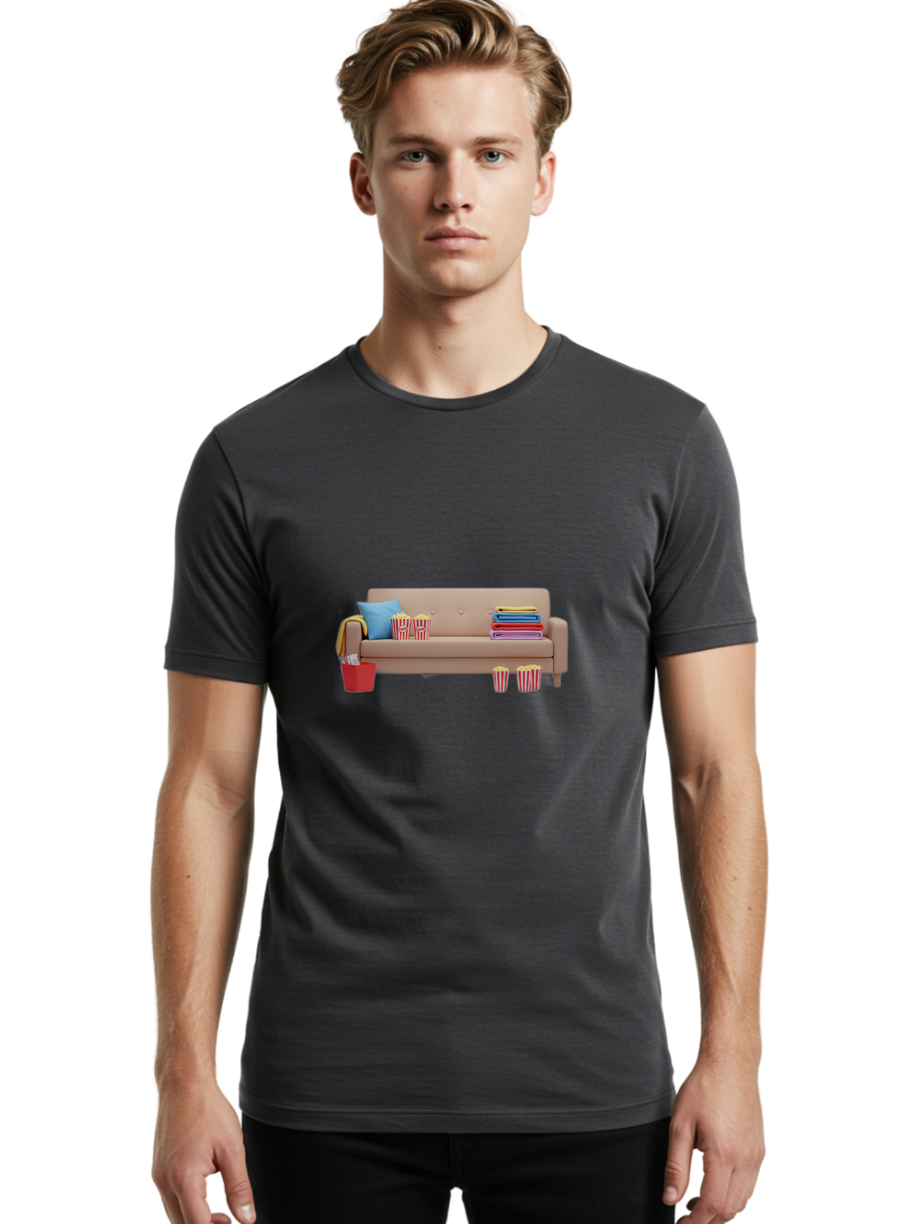 Couch-With-Popcorn Men'S Graphic Tee, 100% Cotton, Comfortable Casual Summer Wear, Machine Washable, Movie Night Setup, Cozy Home Decor, Comfortable Seating, Snacks, Popcorn Buckets, Blankets, Cozy Atmosphere, Living Room, Relaxation, Bab821