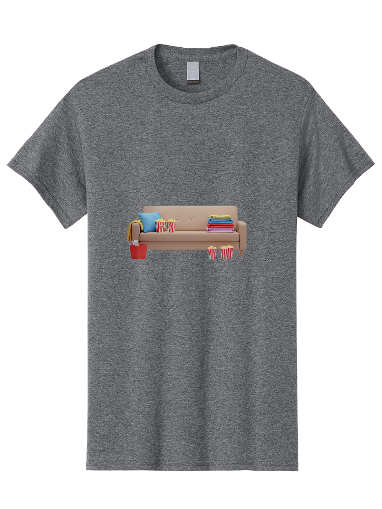 Couch-With-Popcorn Men'S Graphic Tee, 100% Cotton, Comfortable Casual Summer Wear, Machine Washable, Movie Night Setup, Cozy Home Decor, Comfortable Seating, Snacks, Popcorn Buckets, Blankets, Cozy Atmosphere, Living Room, Relaxation, Bab821
