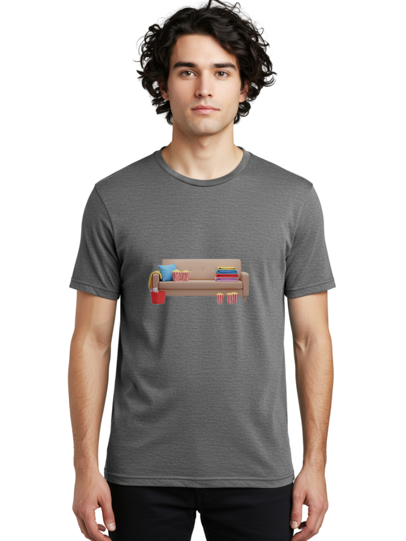 Couch-With-Popcorn Men'S Graphic Tee, 100% Cotton, Comfortable Casual Summer Wear, Machine Washable, Movie Night Setup, Cozy Home Decor, Comfortable Seating, Snacks, Popcorn Buckets, Blankets, Cozy Atmosphere, Living Room, Relaxation, Bab821